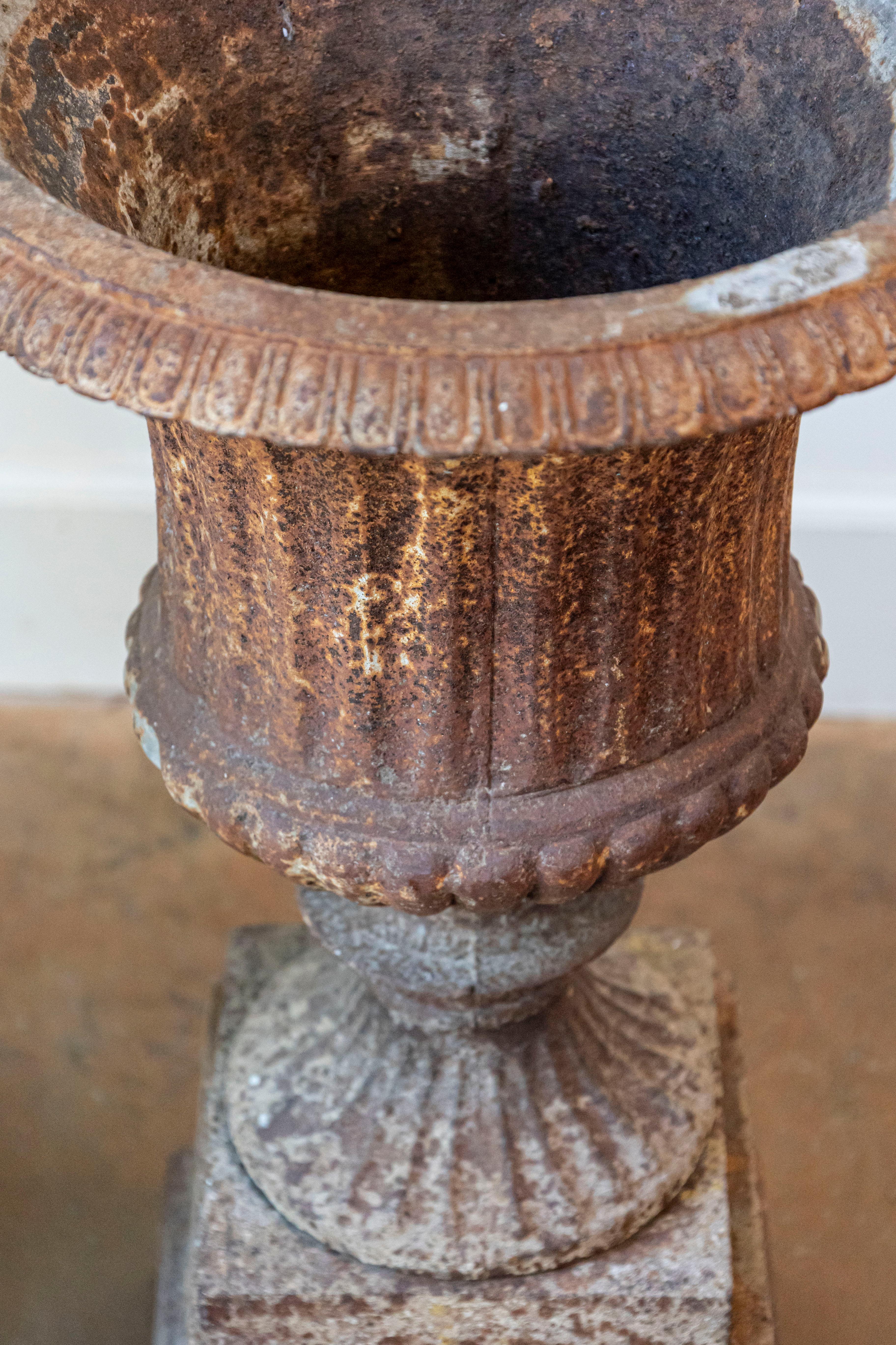 Pair of French 19th Century Iron Médicis Vases on Stepped Pedestals with Patina For Sale 2
