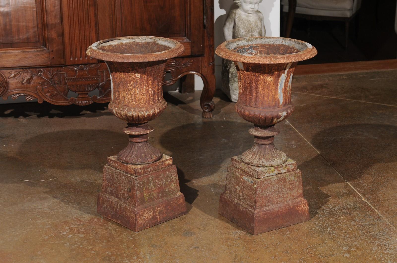 Pair of French 19th Century Iron Médicis Vases on Stepped Pedestals with Patina For Sale 3