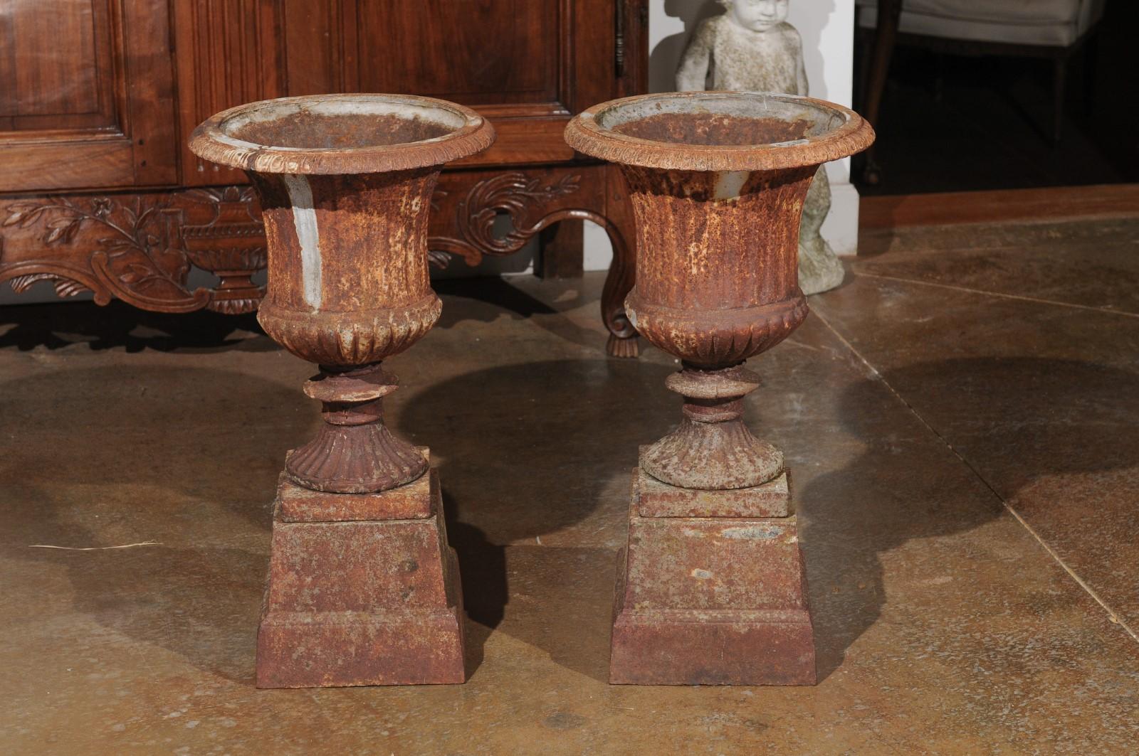 Pair of French 19th Century Iron Médicis Vases on Stepped Pedestals with Patina For Sale 4