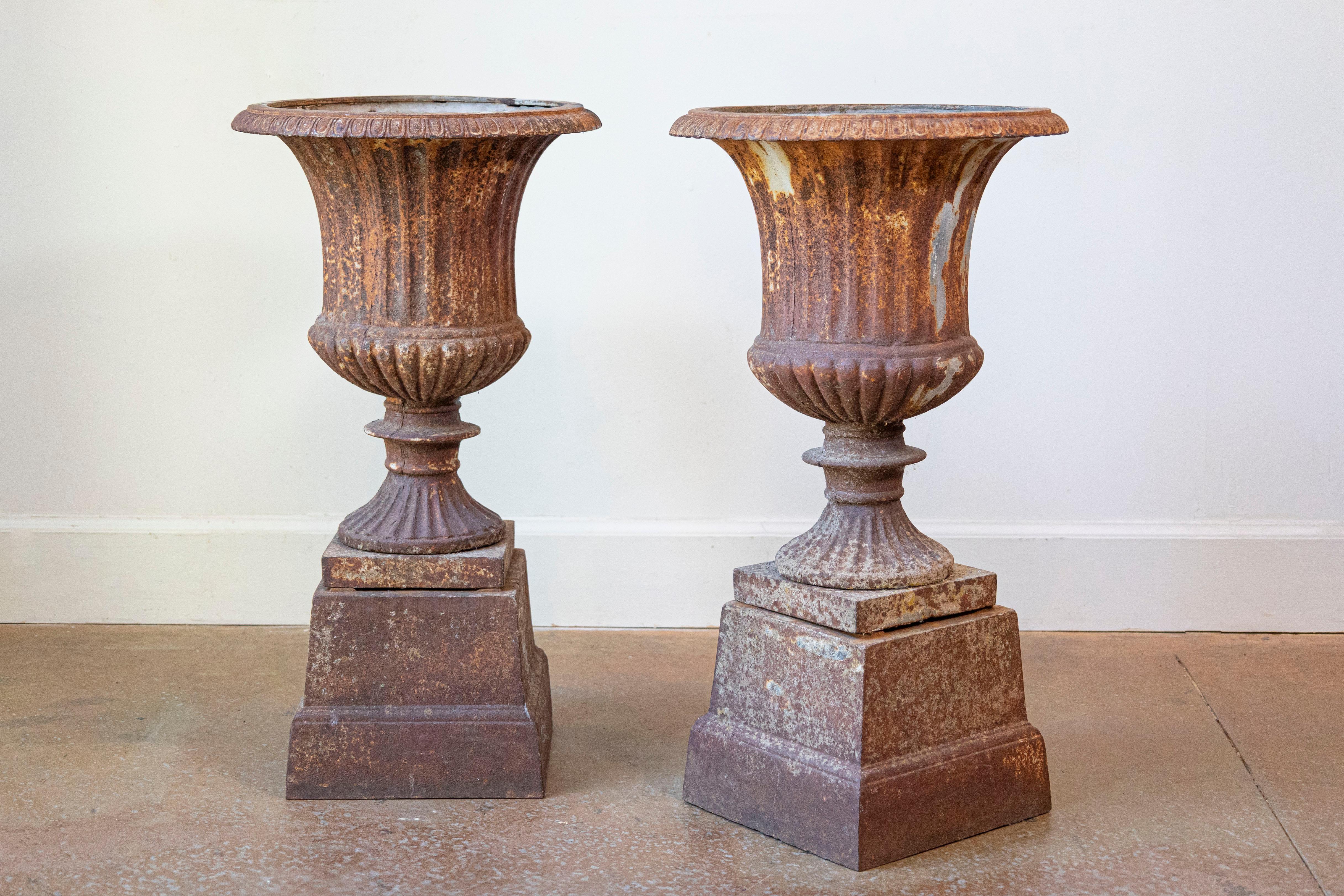 Pair of French 19th Century Iron Médicis Vases on Stepped Pedestals with Patina For Sale 4