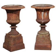 Pair of French 19th Century Iron Médicis Vases on Stepped Pedestals with Patina