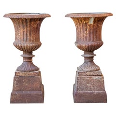 Pair of French 19th Century Iron Médicis Vases on Stepped Pedestals with Patina