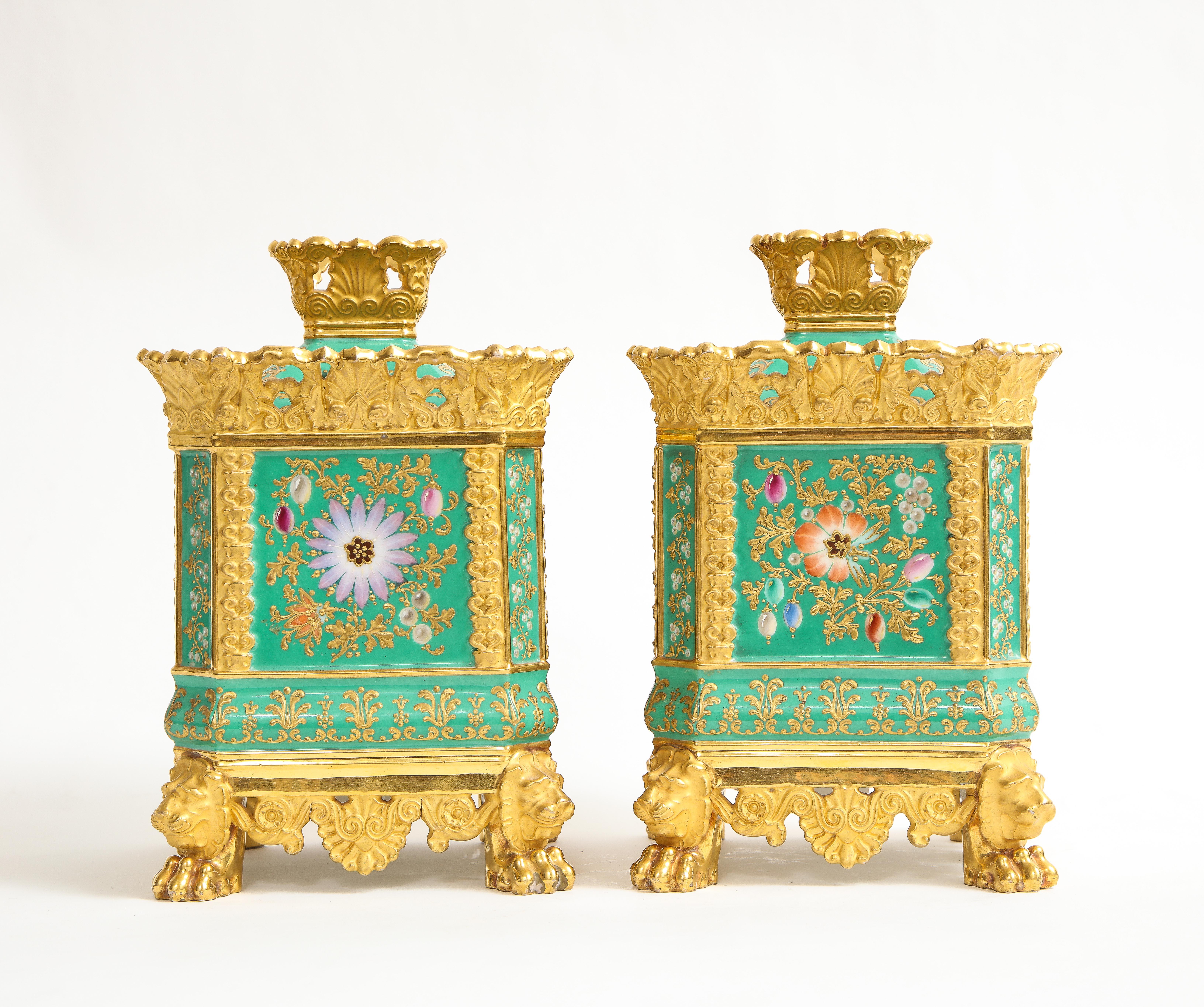Rococo Pair of French 19th Century Jacob Petit Porcelain Green-Ground Pot-Pourri Vases For Sale