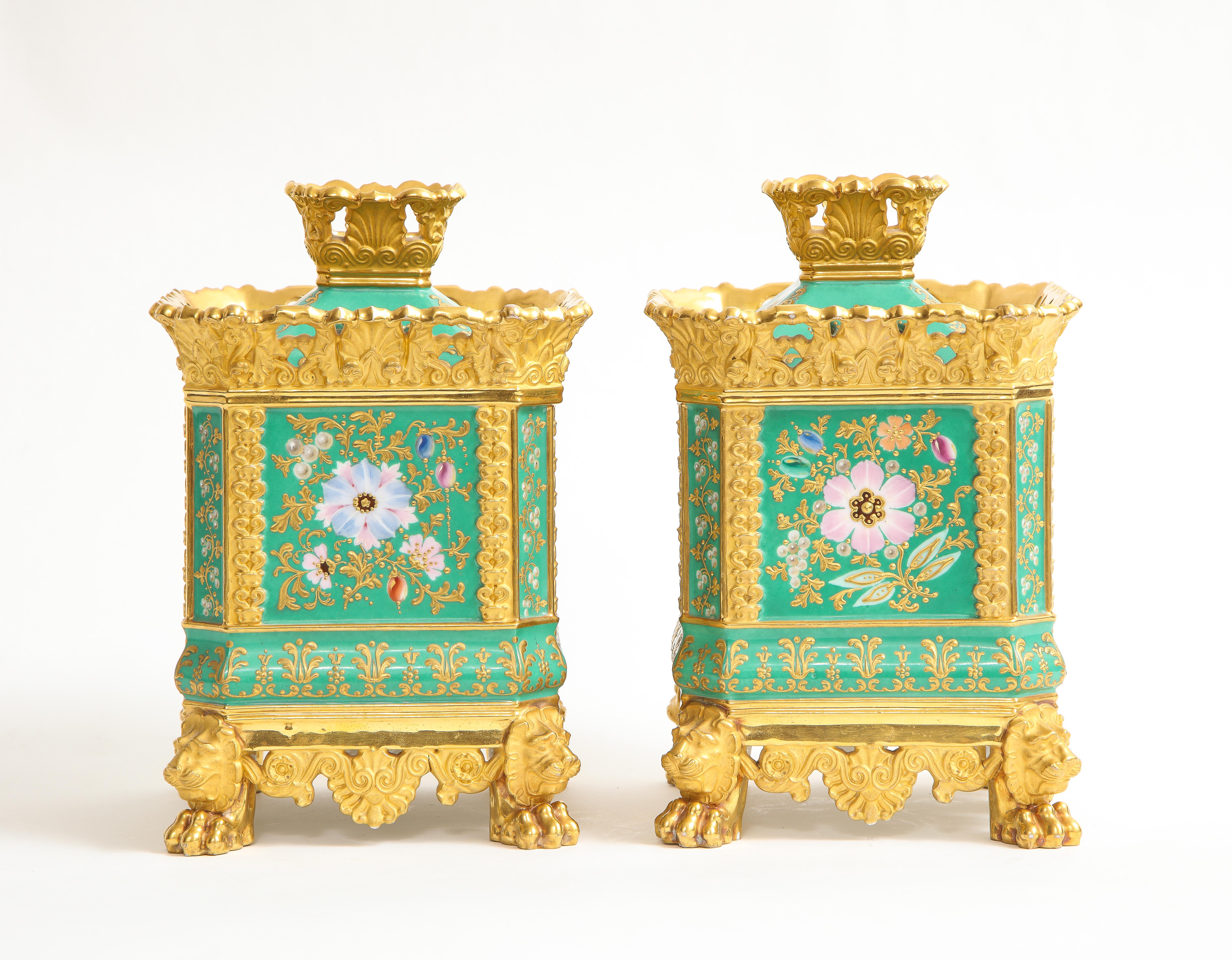 Pair of French 19th Century Jacob Petit Porcelain Green-Ground Pot-Pourri Vases In Good Condition For Sale In New York, NY