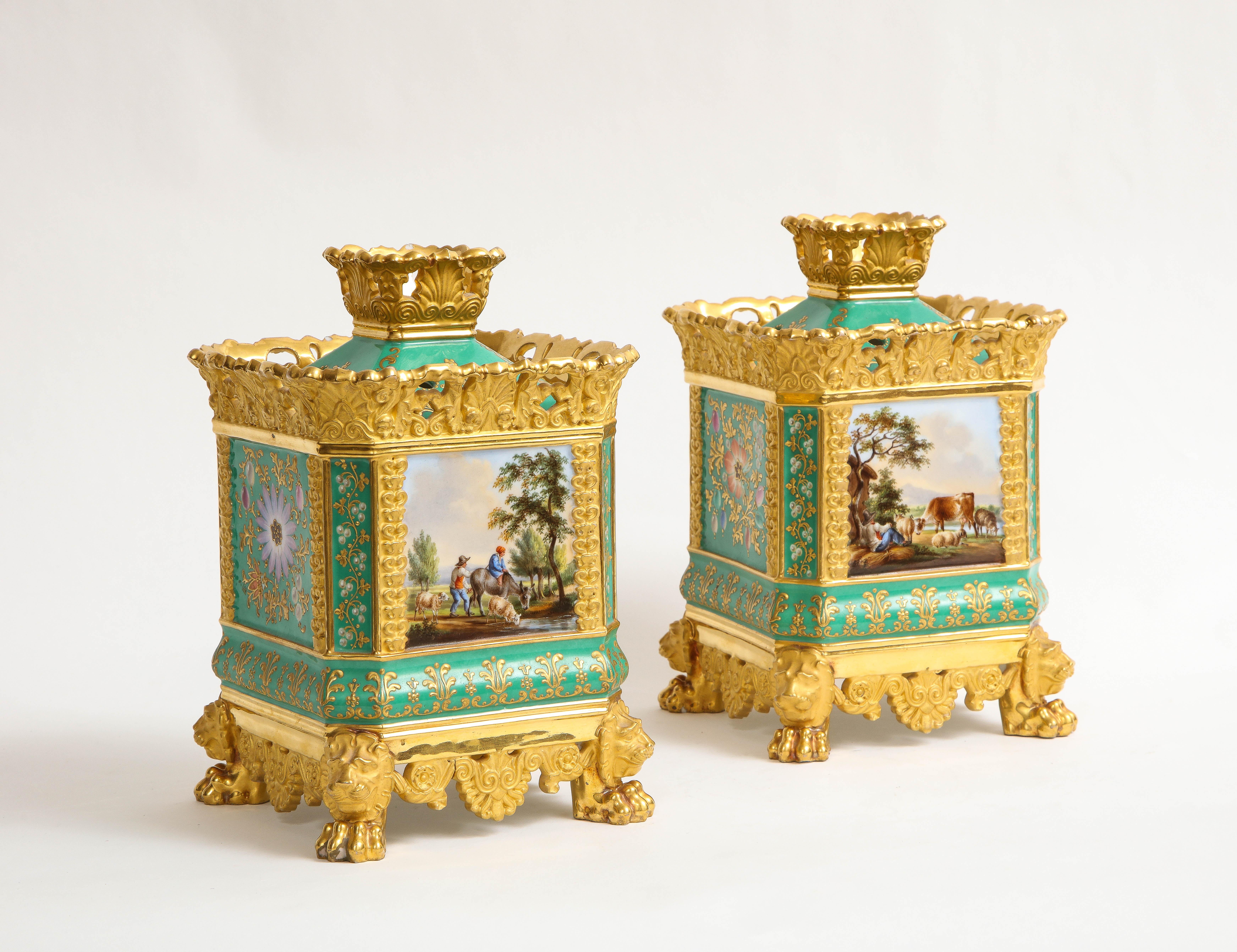 Pair of French 19th Century Jacob Petit Porcelain Green-Ground Pot-Pourri Vases For Sale 1