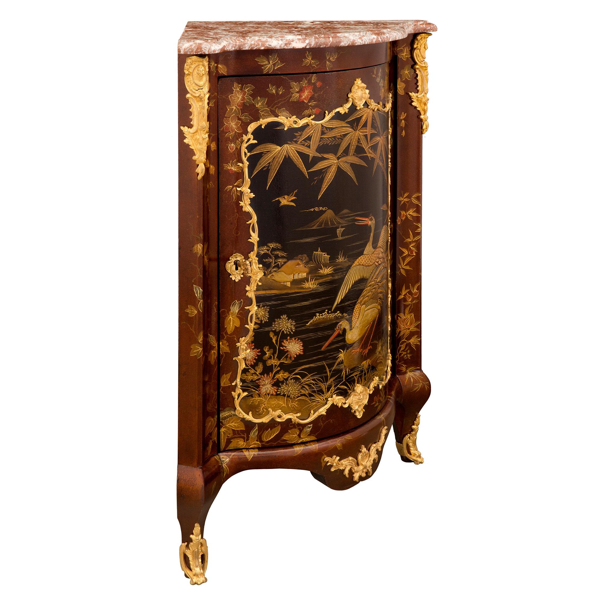 Ormolu Pair of French 19th Century Japanese Lacquer and Marble Encoignure Cabinets For Sale