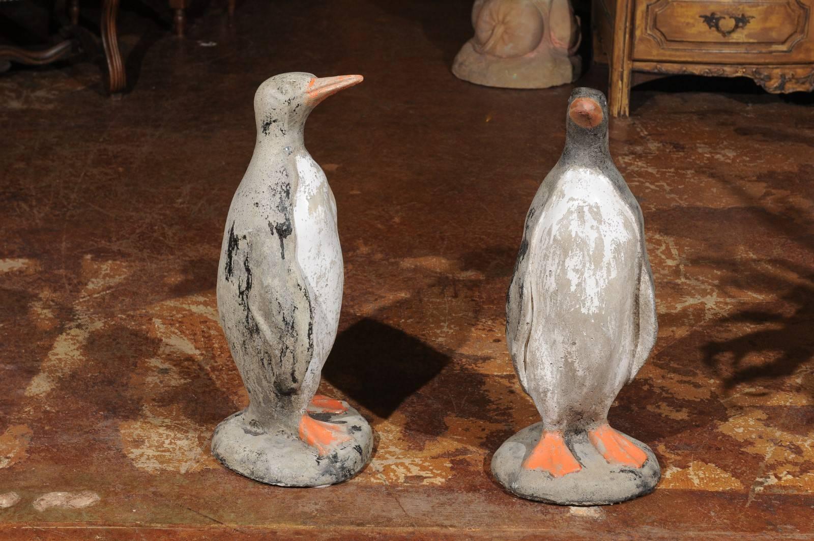 Stone Pair of French 19th Century Lifesize Penguin Sculptures with Weathered Finish