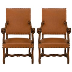 Pair of French 19th Century Louis XIII St. Os De Mouton Oak Armchairs