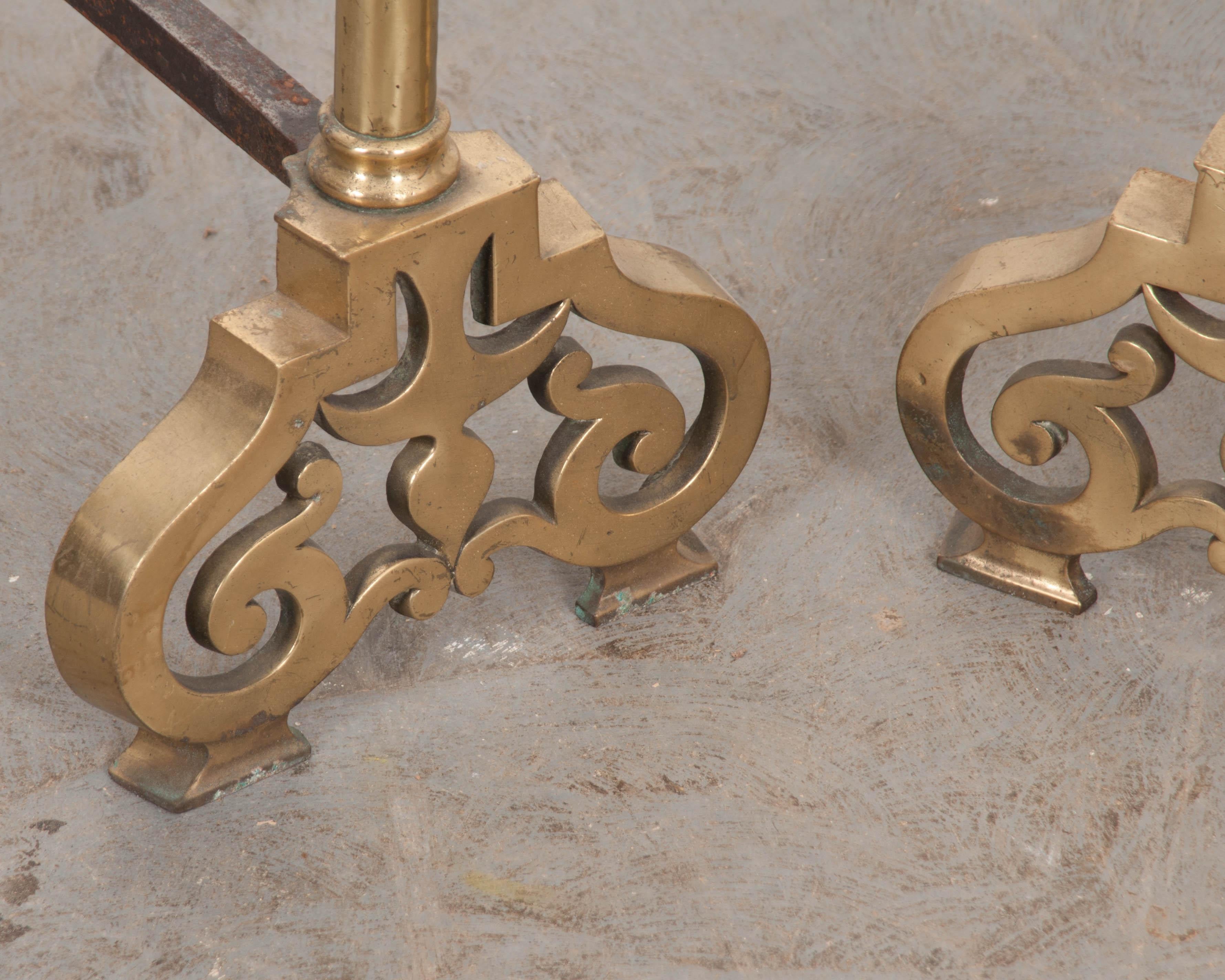 Pair of French 19th Century Louis XIII-Style Iron and Brass Chenets 2