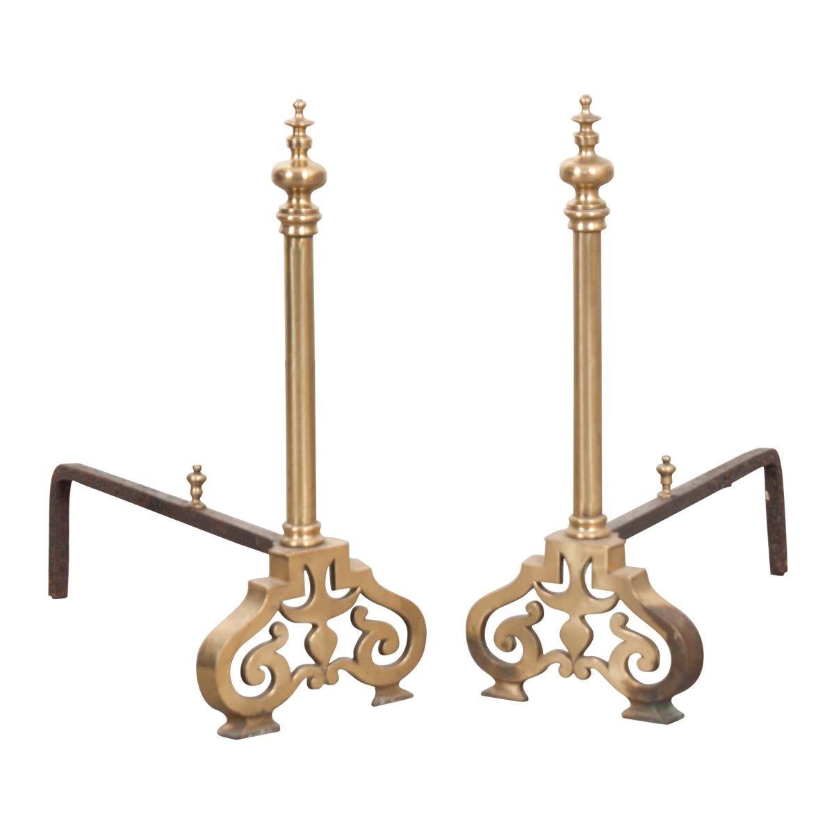 Pair of French 19th Century Louis XIII-Style Iron and Brass Chenets
