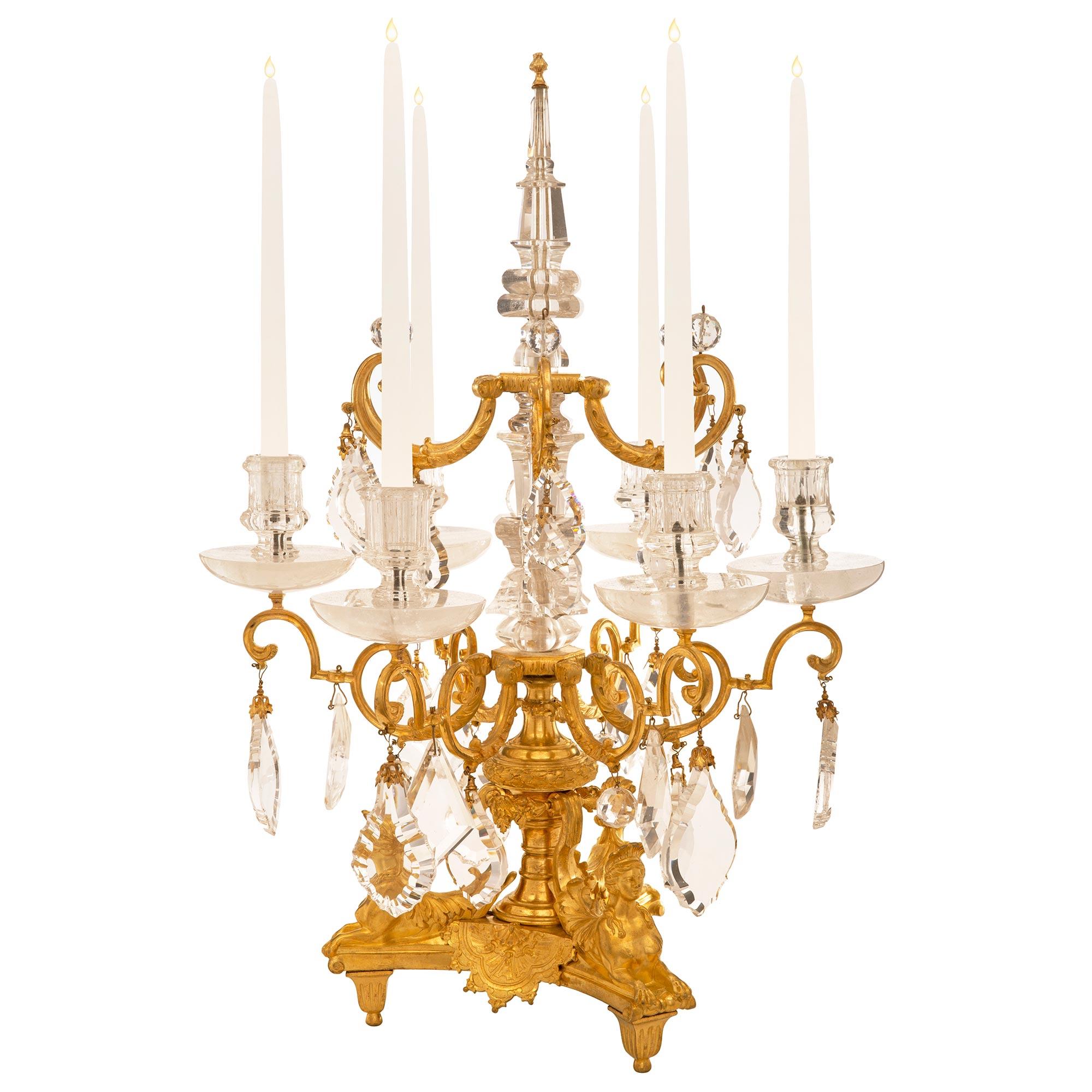 Louis XVI Pair of French 19th Century Louis XIV St. Ormolu and Crystal Candelabras For Sale