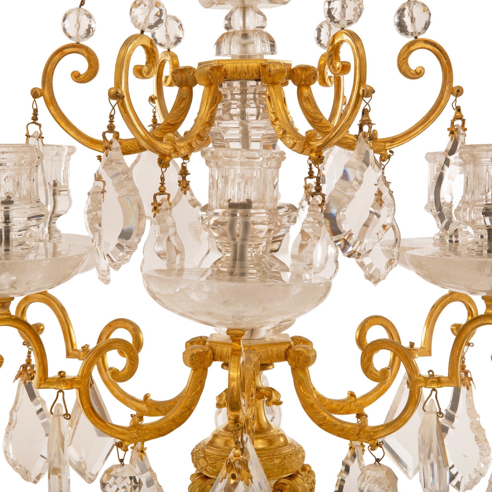 Pair of French 19th Century Louis XIV St. Ormolu and Crystal Candelabras For Sale 1