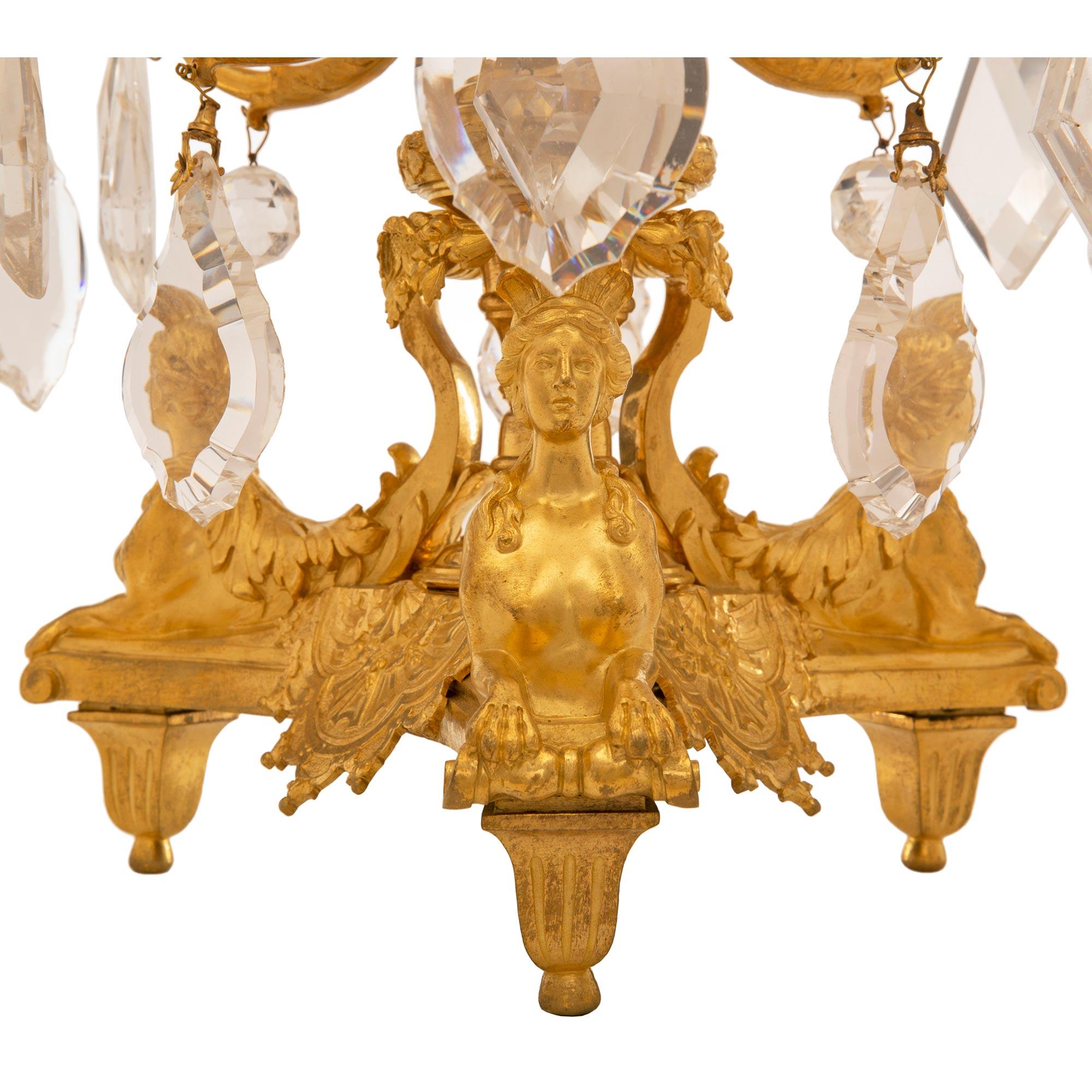 Pair of French 19th Century Louis XIV St. Ormolu and Crystal Candelabras For Sale 3