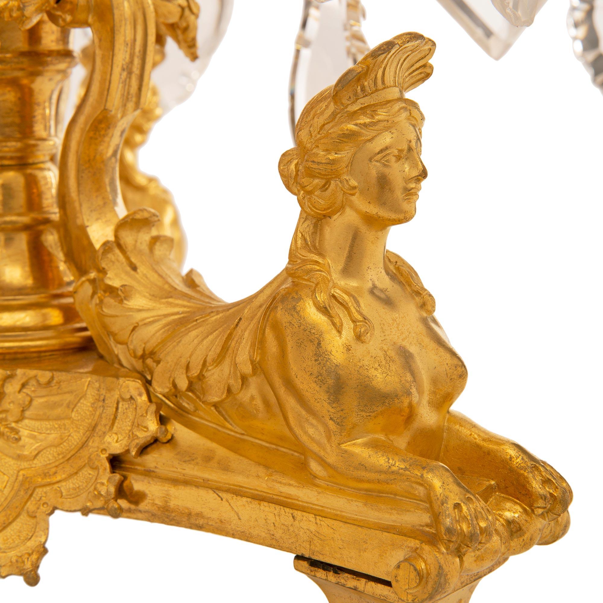 Pair of French 19th Century Louis XIV St. Ormolu and Crystal Candelabras For Sale 4