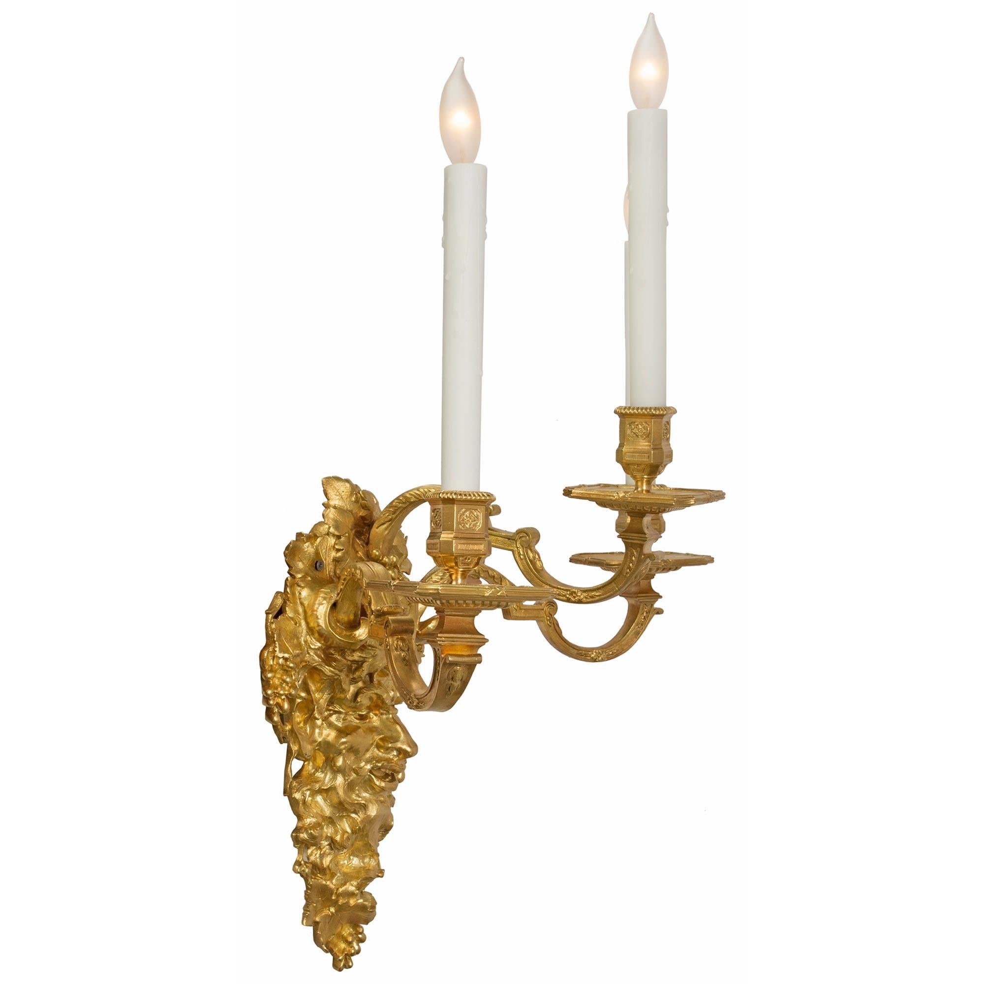 Pair of French 19th Century Louis XIV Style Ormolu Three-Arm Sconces In Good Condition For Sale In West Palm Beach, FL