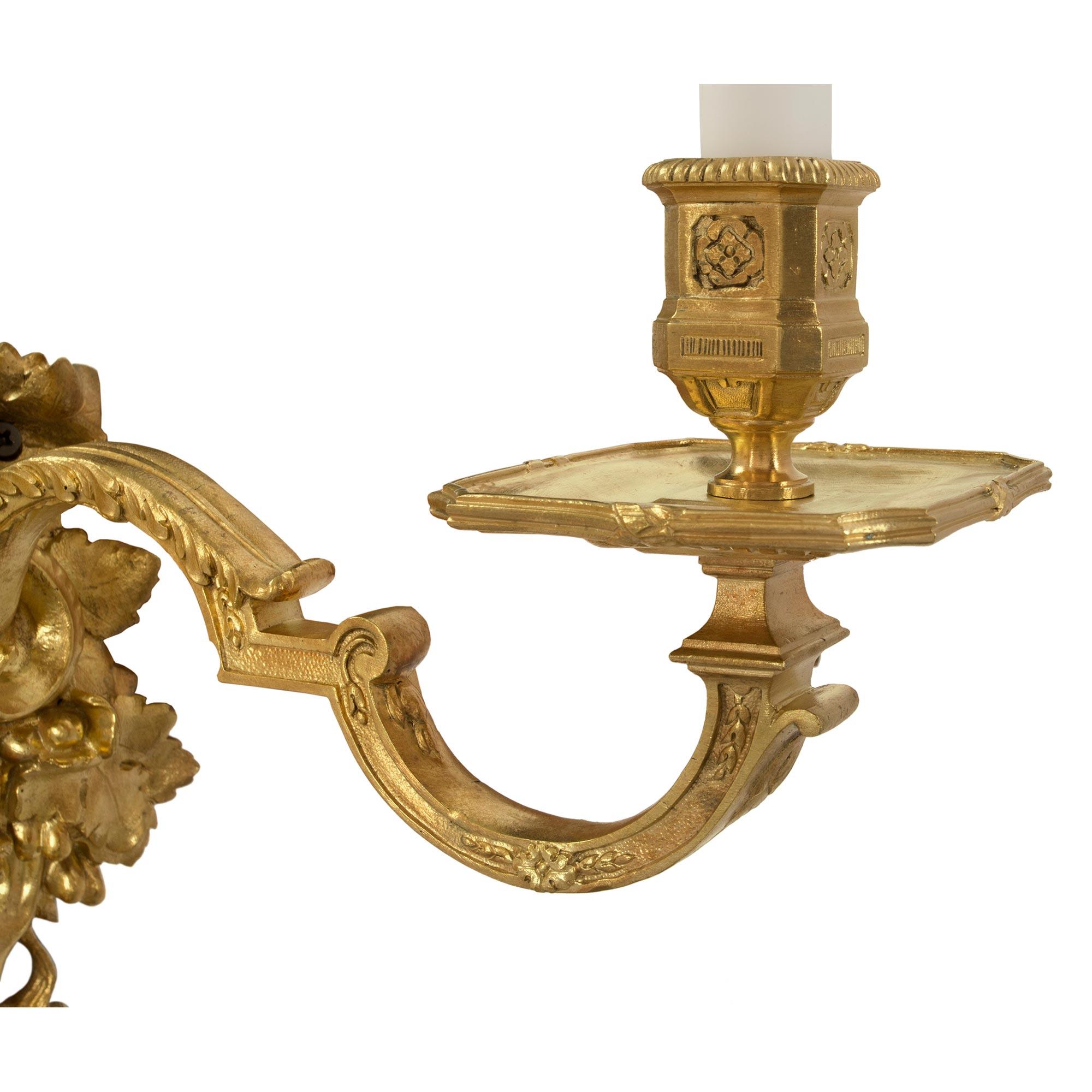 Pair of French 19th Century Louis XIV Style Ormolu Three-Arm Sconces For Sale 2