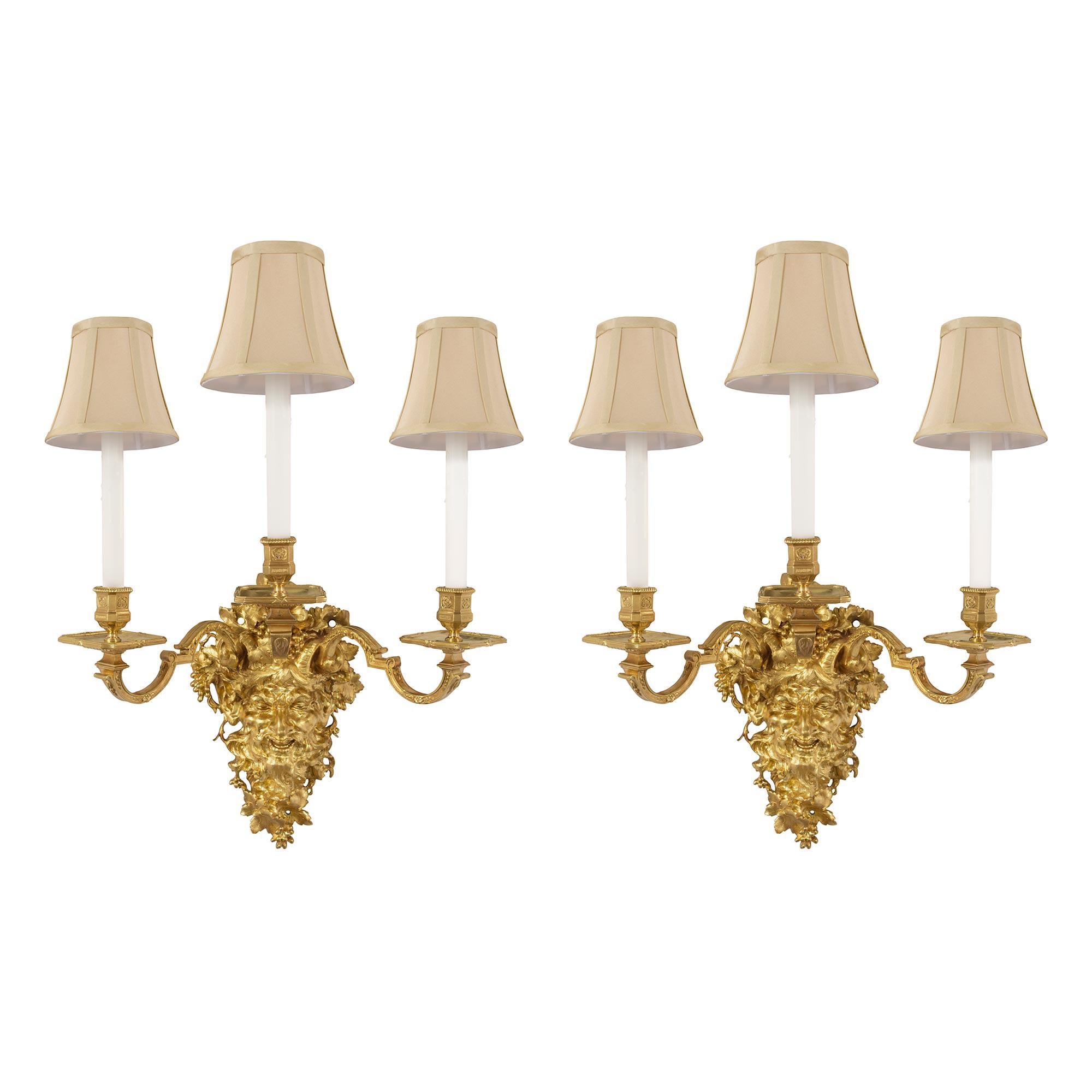 Pair of French 19th Century Louis XIV Style Ormolu Three-Arm Sconces For Sale