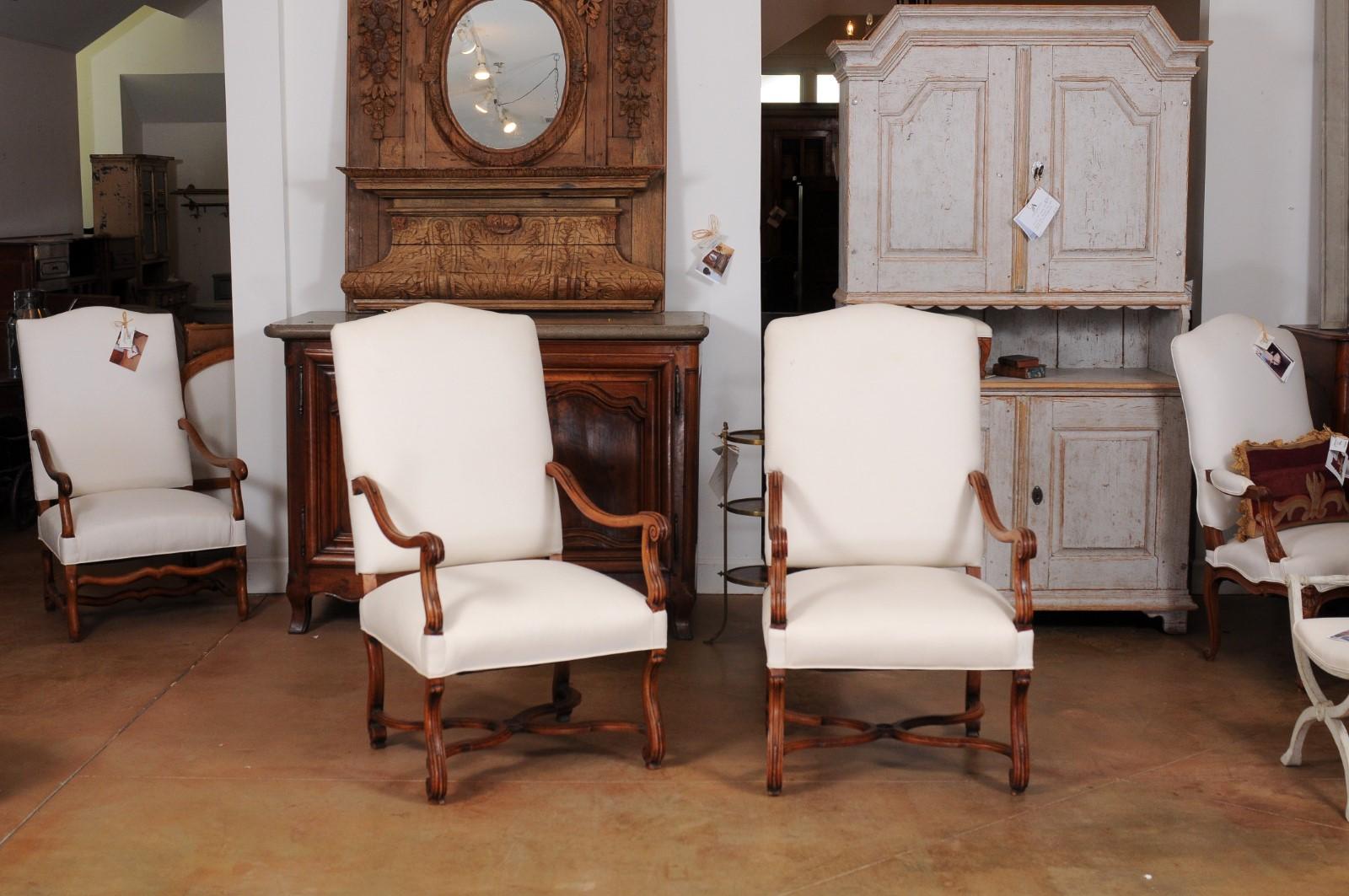 Carved Pair of French 19th Century Louis XIV Style Walnut Fauteuils with New Upholstery