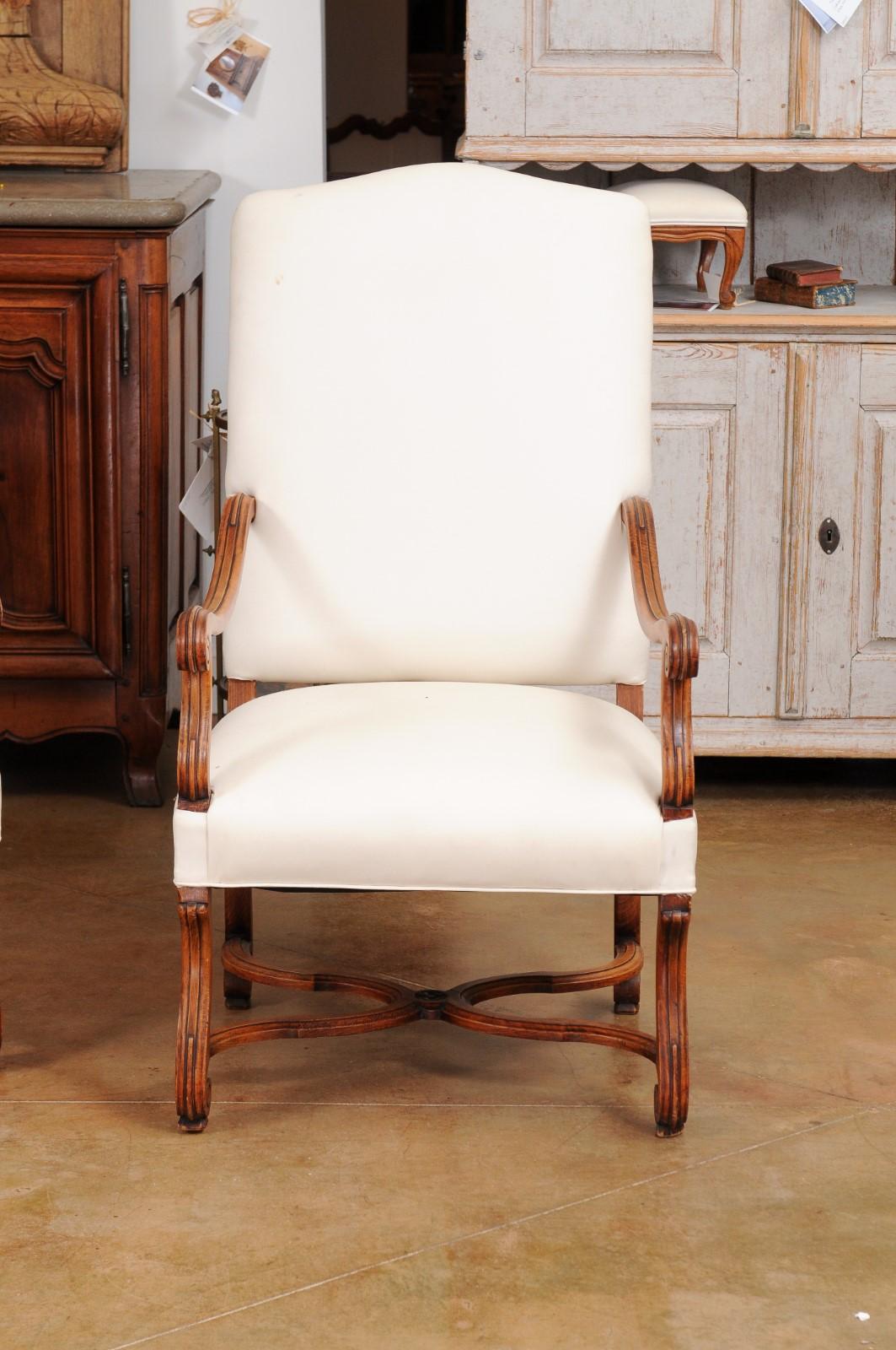 Pair of French 19th Century Louis XIV Style Walnut Fauteuils with New Upholstery In Good Condition In Atlanta, GA