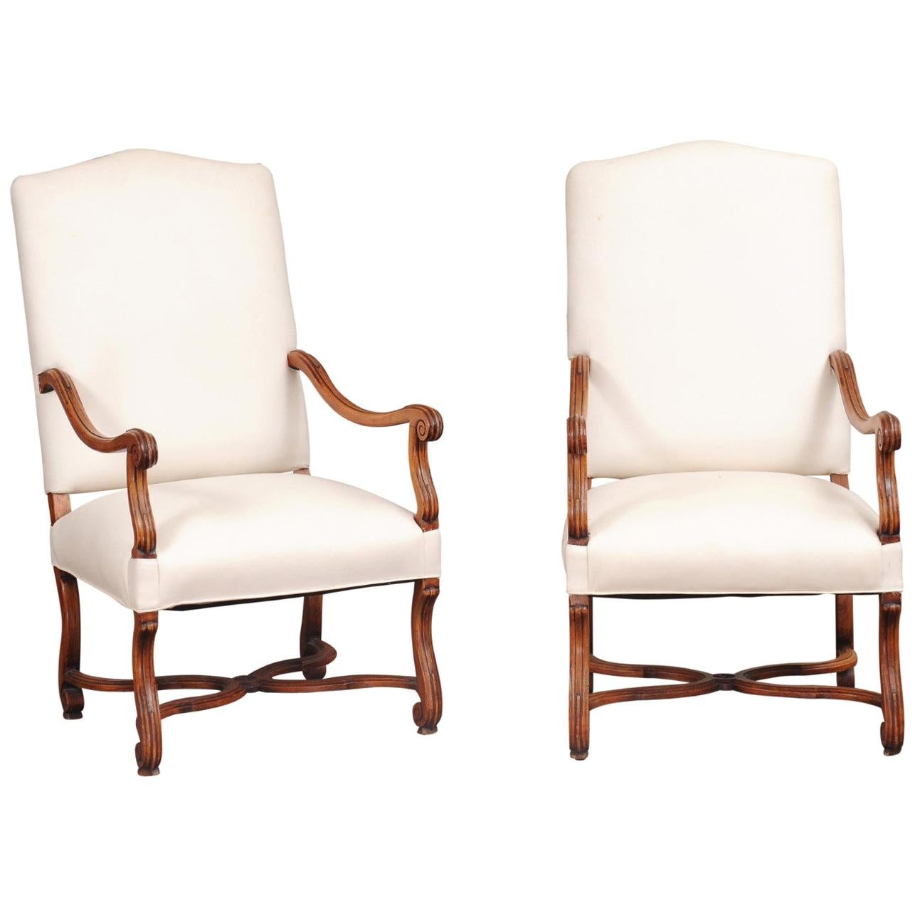 Pair of French 19th Century Louis XIV Style Walnut Fauteuils with New Upholstery