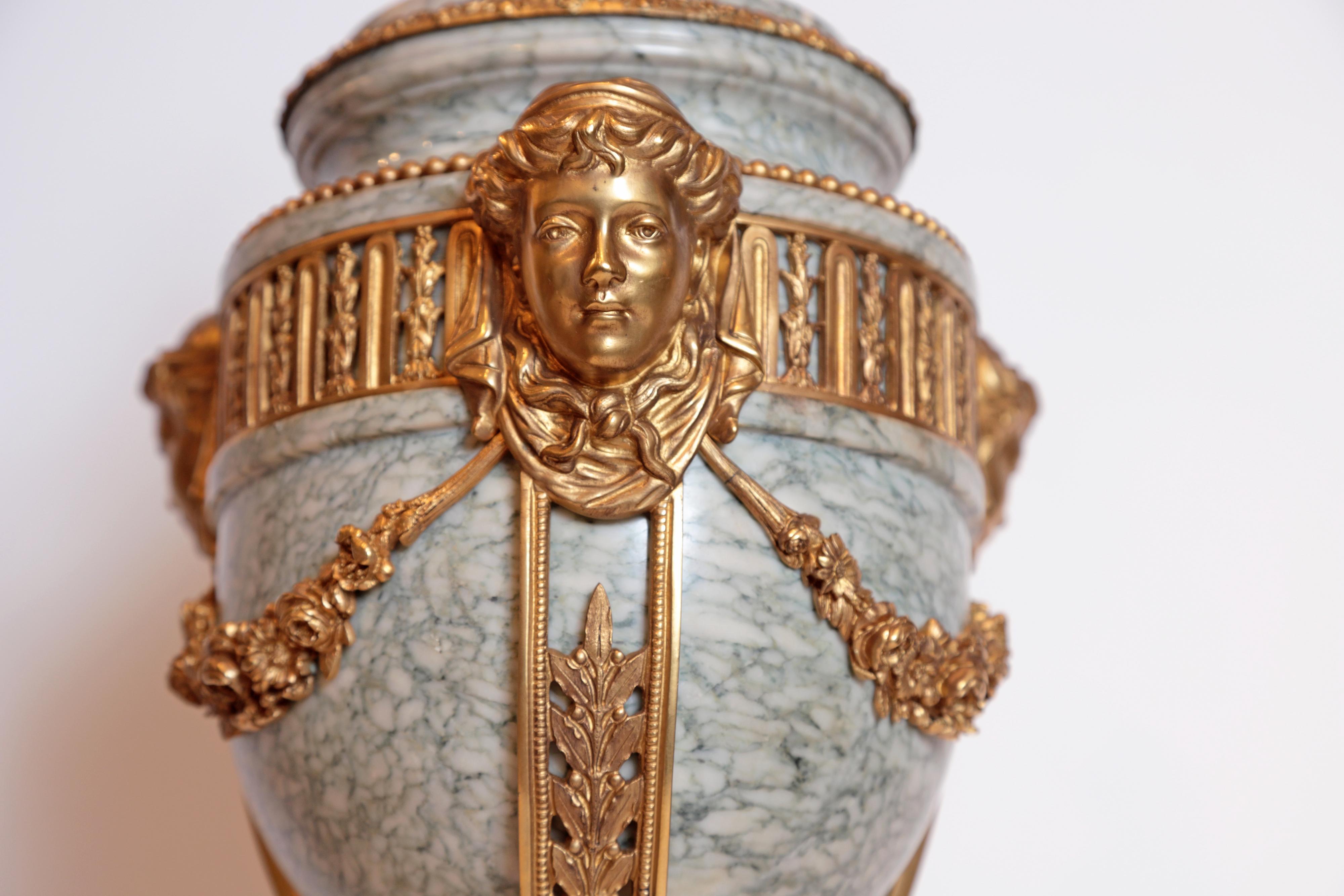 Pair of French 19th Century Louis XV Gilt Bronze and Marble Lidded Urns In Good Condition In Dallas, TX