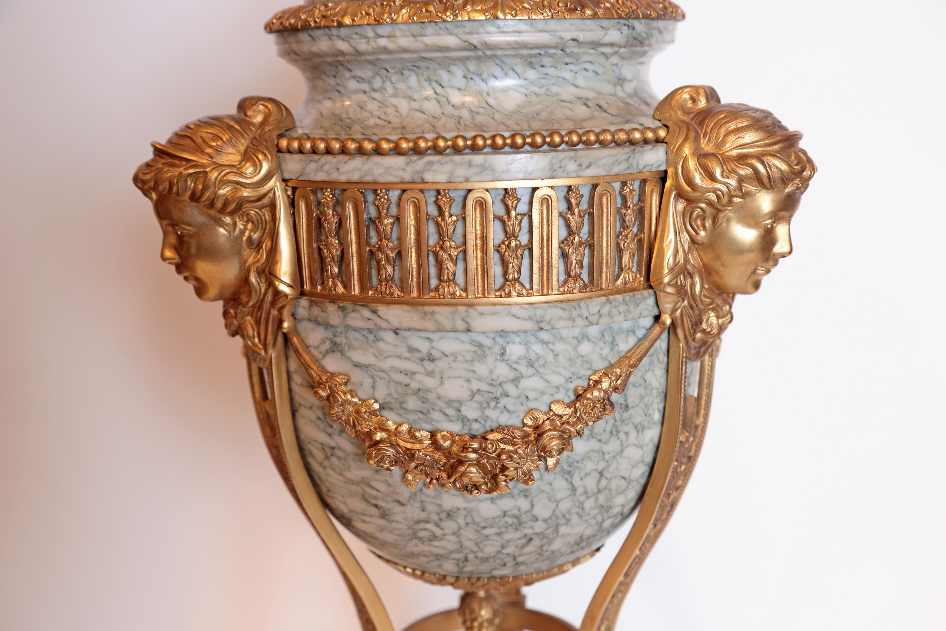 Pair of French 19th Century Louis XV Gilt Bronze and Marble Lidded Urns 1