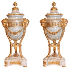 Pair of French 19th Century Louis XV Gilt Bronze and Marble Lidded Urns