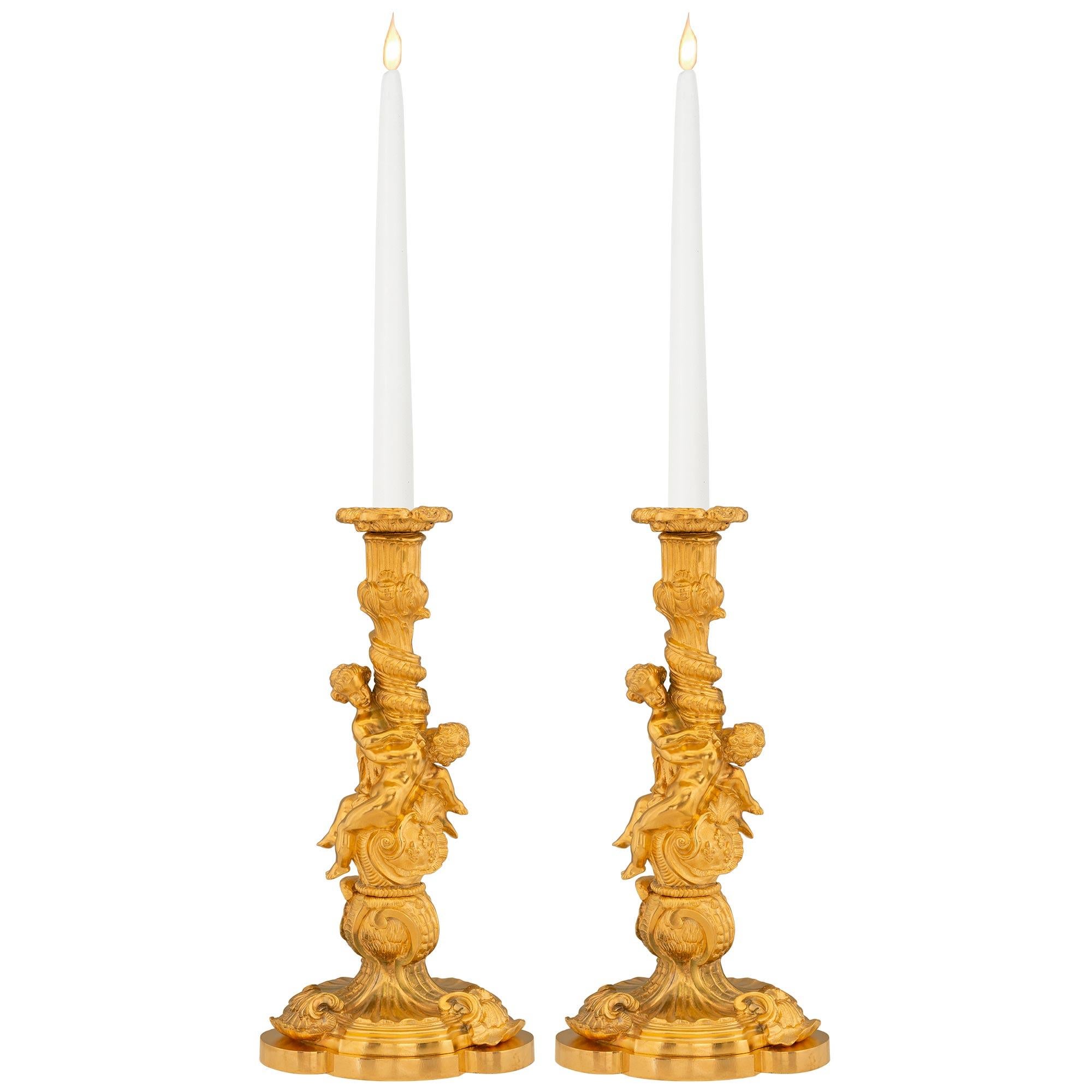 Pair of French 19th Century Louis XV St. Belle Époque Period Ormolu Candlesticks For Sale 6
