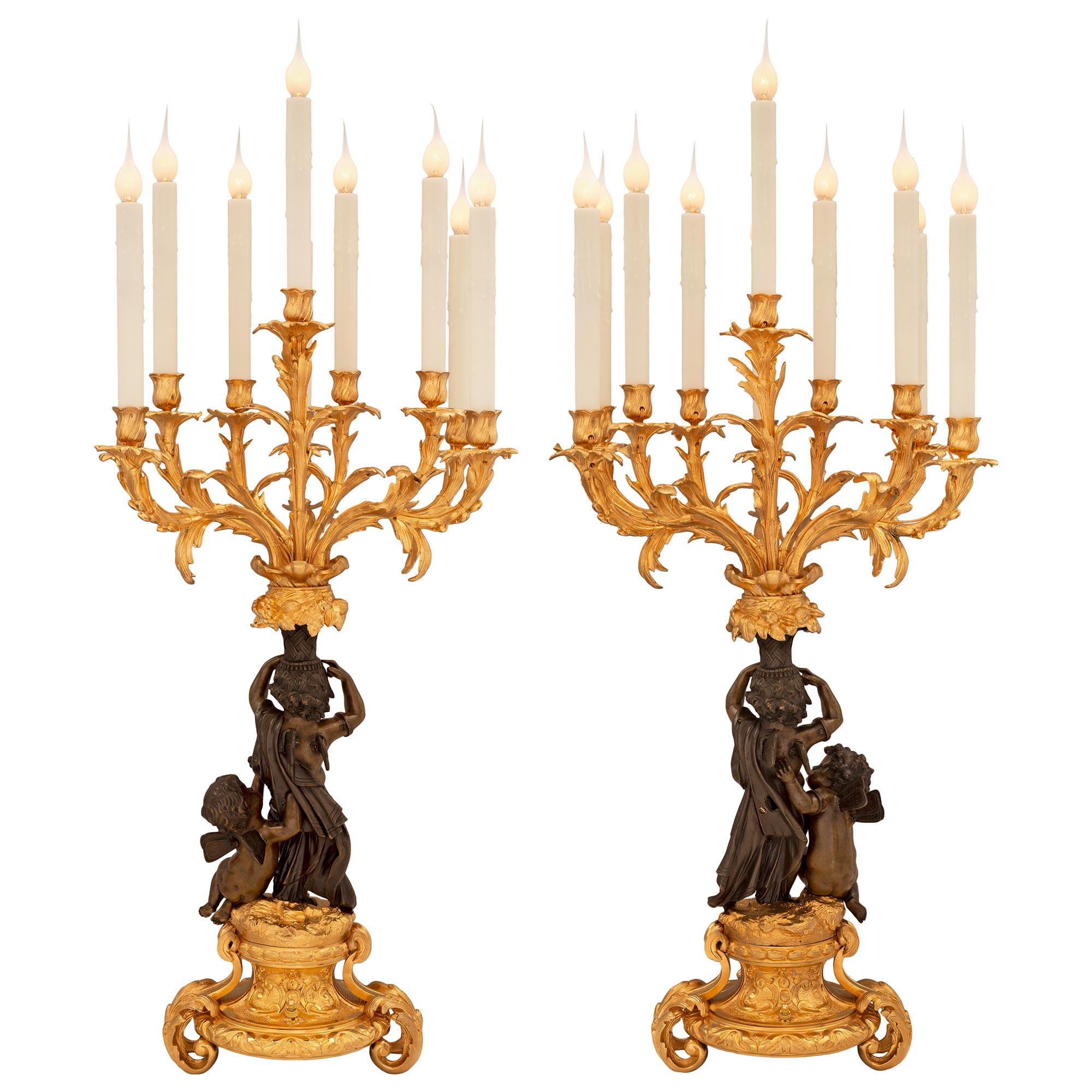 Pair of French 19th Century Louis XV St. Bronze and Ormolu Candelabra Lamps In Good Condition For Sale In West Palm Beach, FL