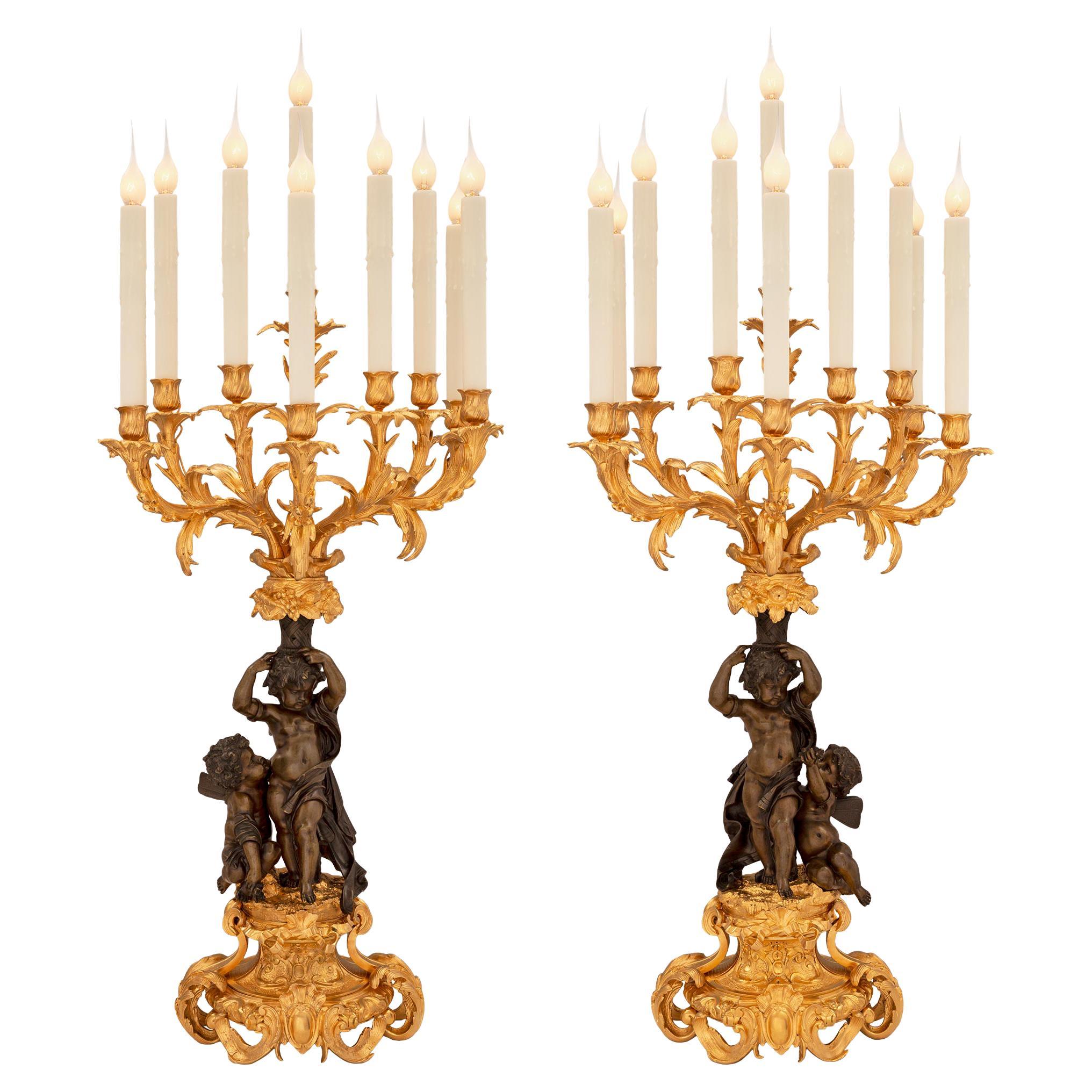 Pair of French 19th Century Louis XV St. Bronze and Ormolu Candelabra Lamps