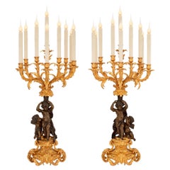 Pair of French 19th Century Louis XV St. Bronze and Ormolu Candelabra Lamps