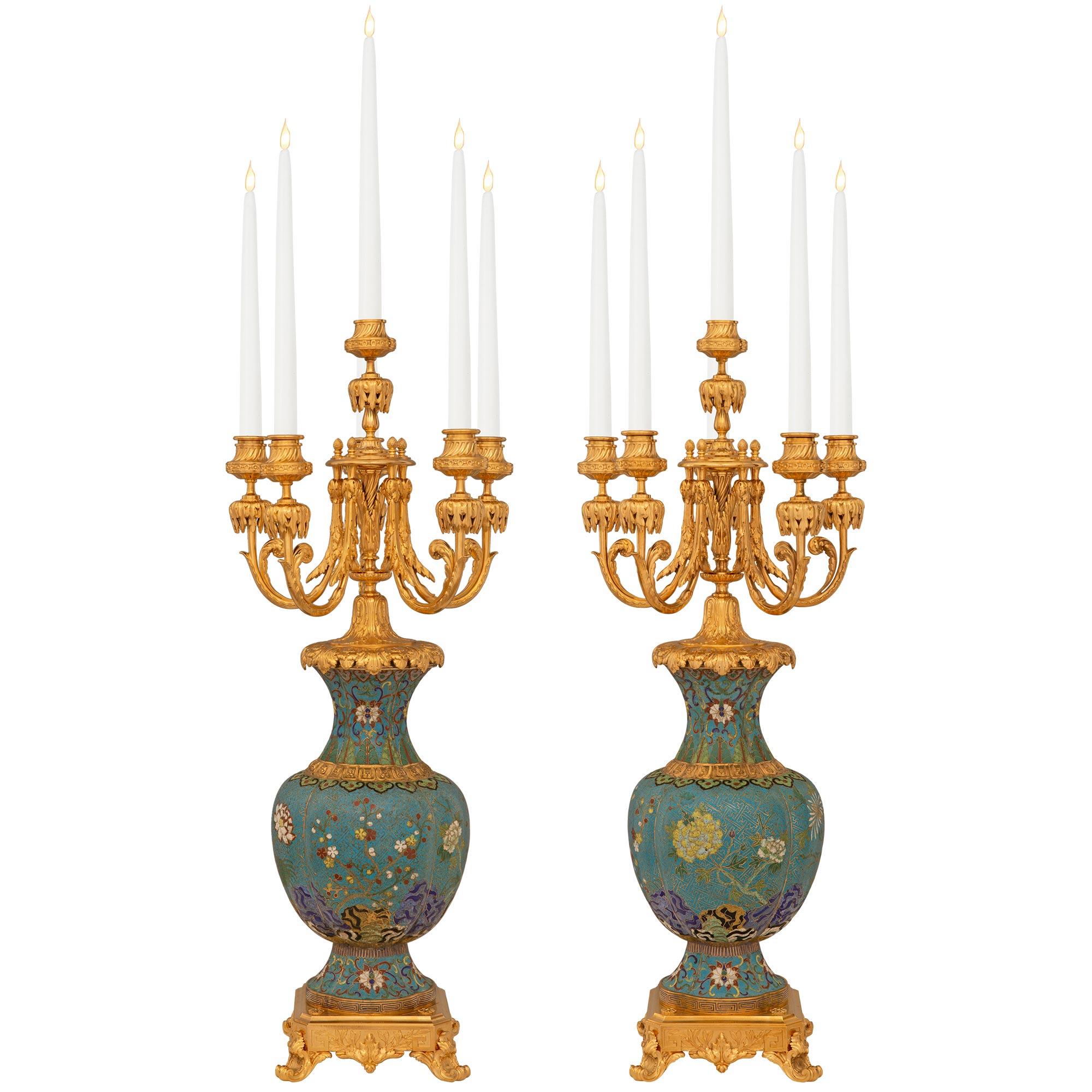 Pair Of French 19th Century Louis XV St. Cloisonné And Ormolu Candelabras For Sale 8