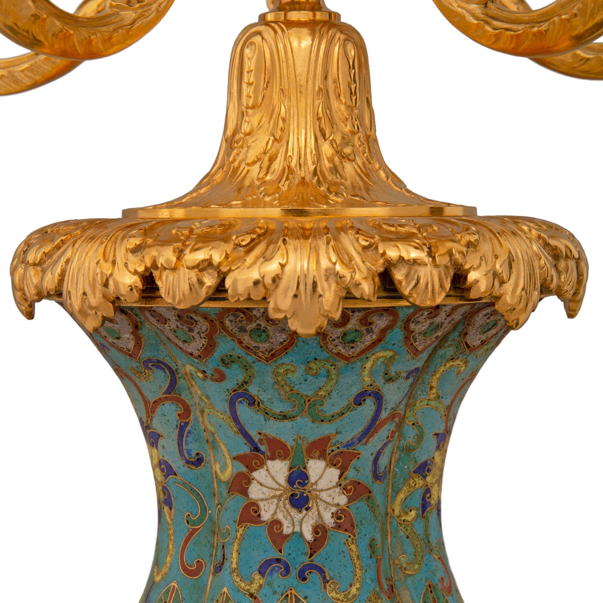 Pair Of French 19th Century Louis XV St. Cloisonné And Ormolu Candelabras For Sale 1