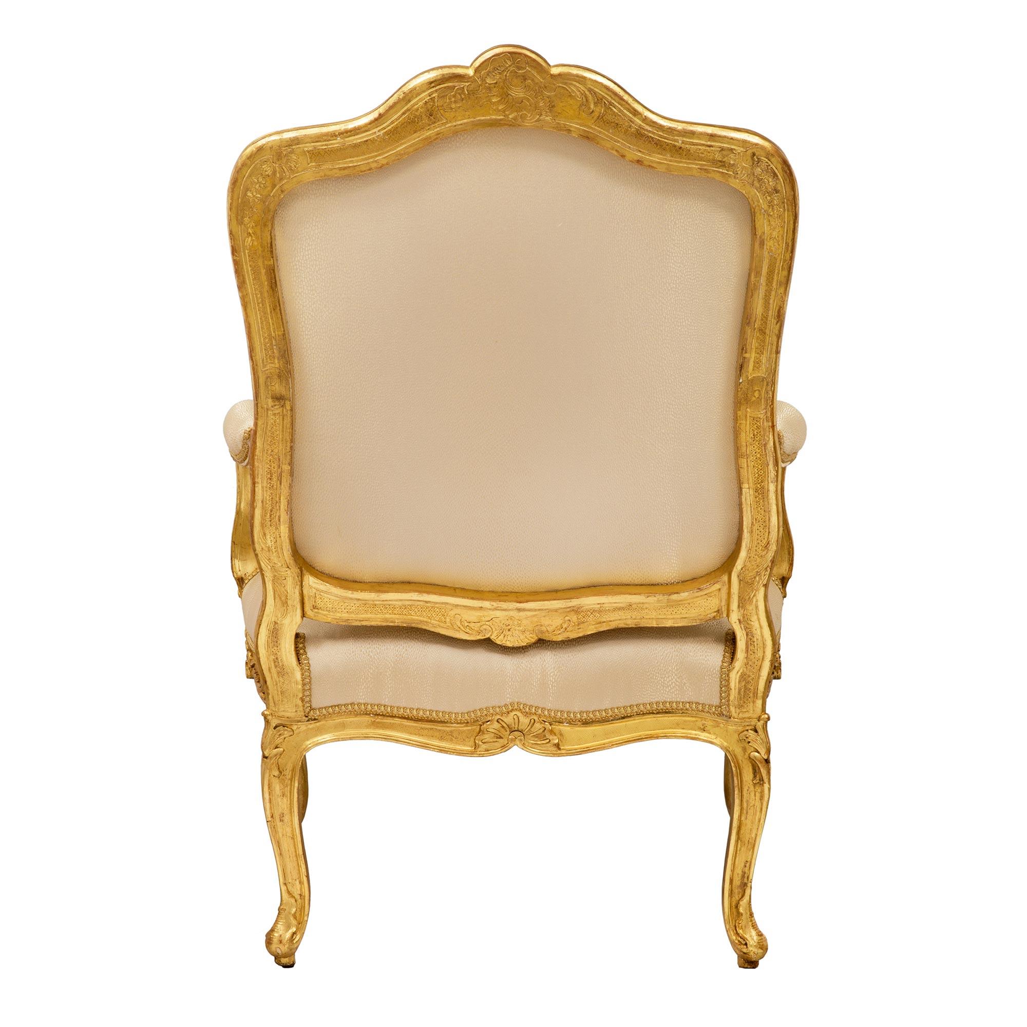 Pair of French 19th Century Louis XV St. Giltwood Armchairs For Sale 1