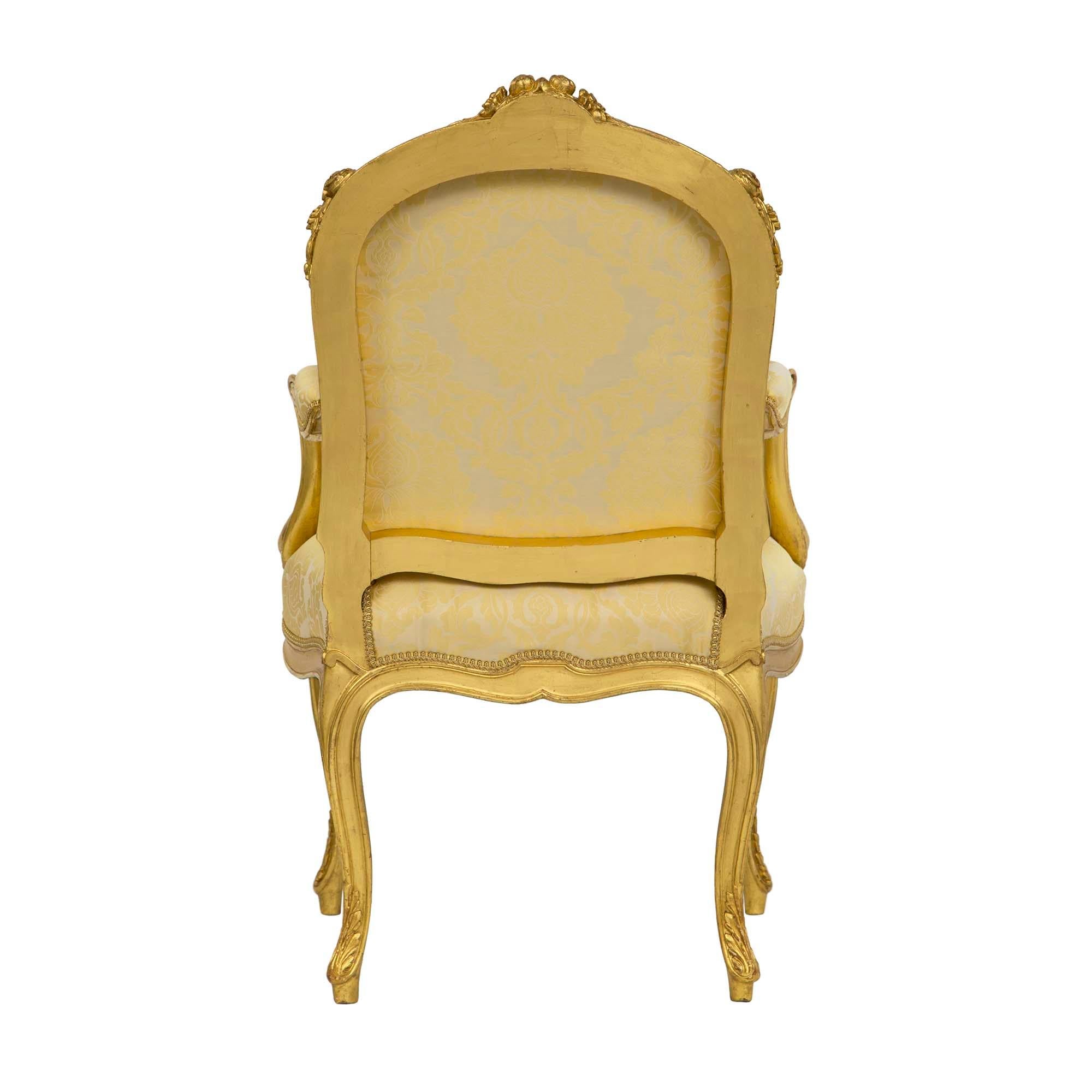 Pair of French 19th Century Louis XV St. Giltwood Armchairs For Sale 1