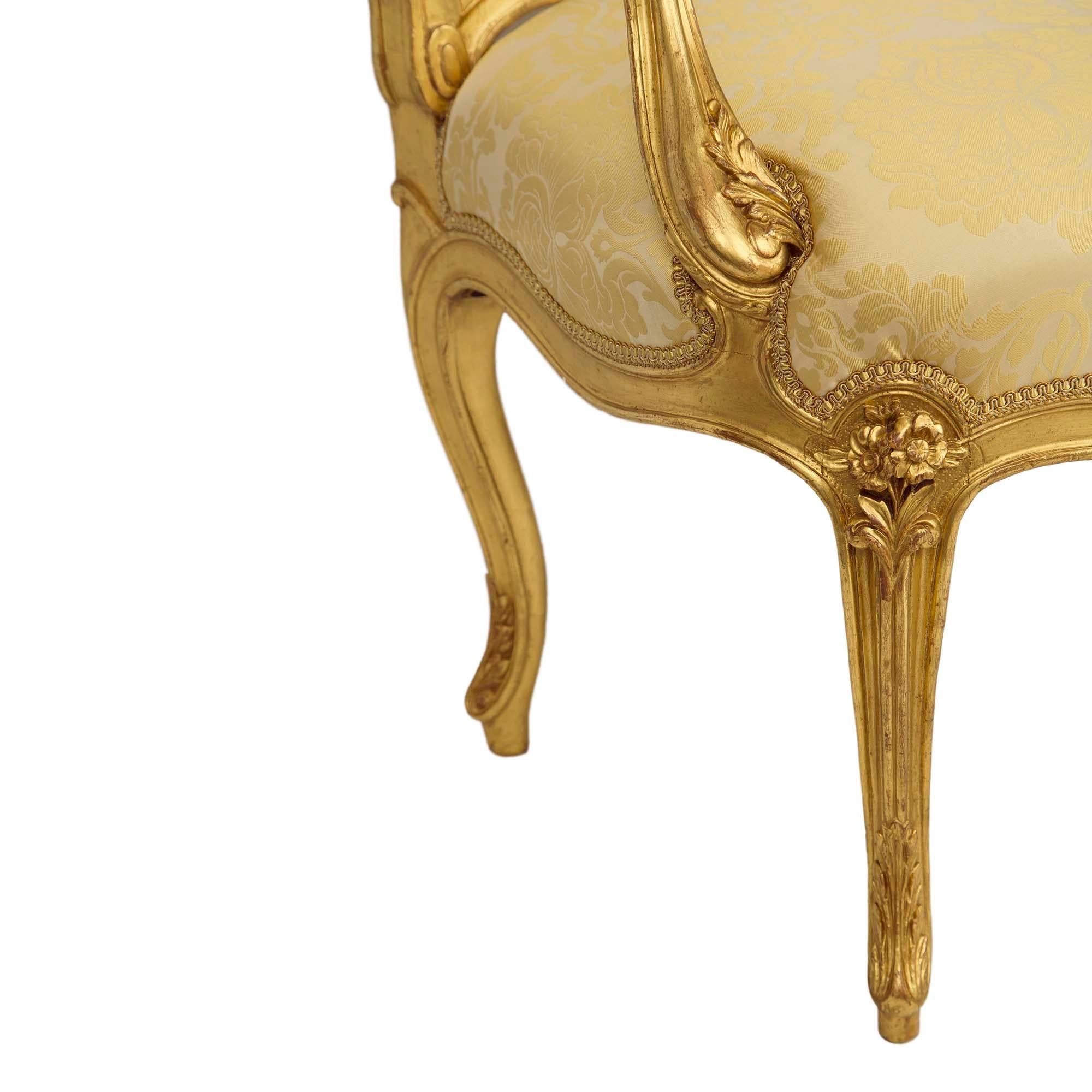 Pair of French 19th Century Louis XV St. Giltwood Armchairs For Sale 3