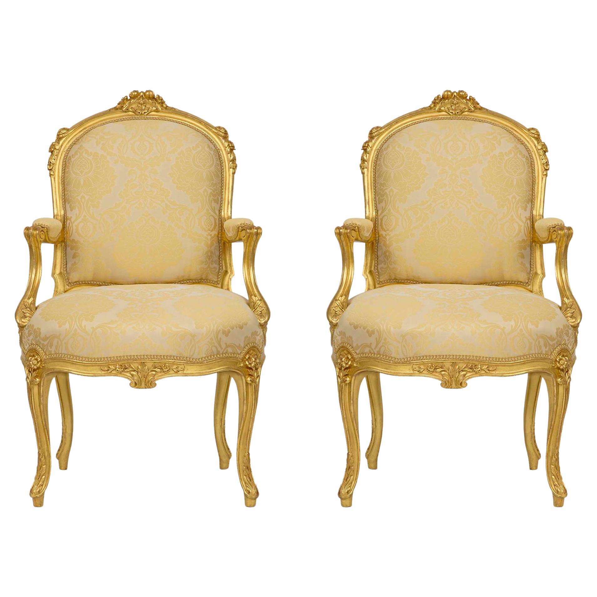 Pair of French 19th Century Louis XV St. Giltwood Armchairs For Sale