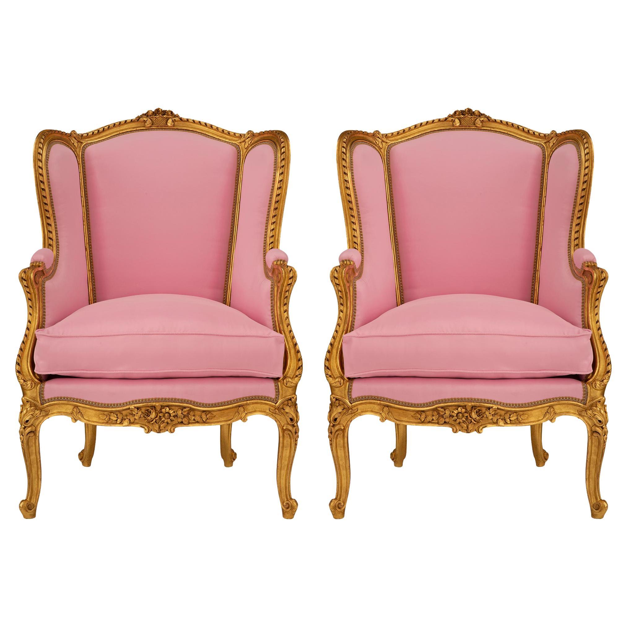 Pair of French 19th Century Louis XV St. Giltwood Armchairs