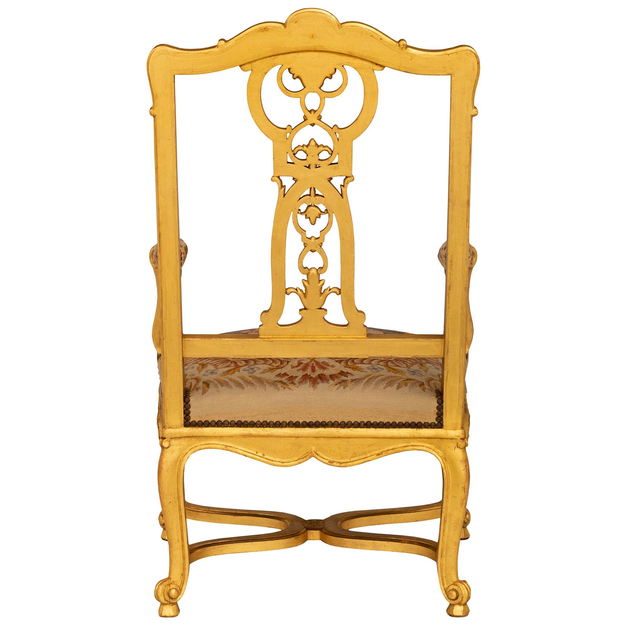 Pair Of French 19th Century Louis XV St. Giltwood Fauteuils Armchairs For Sale 8