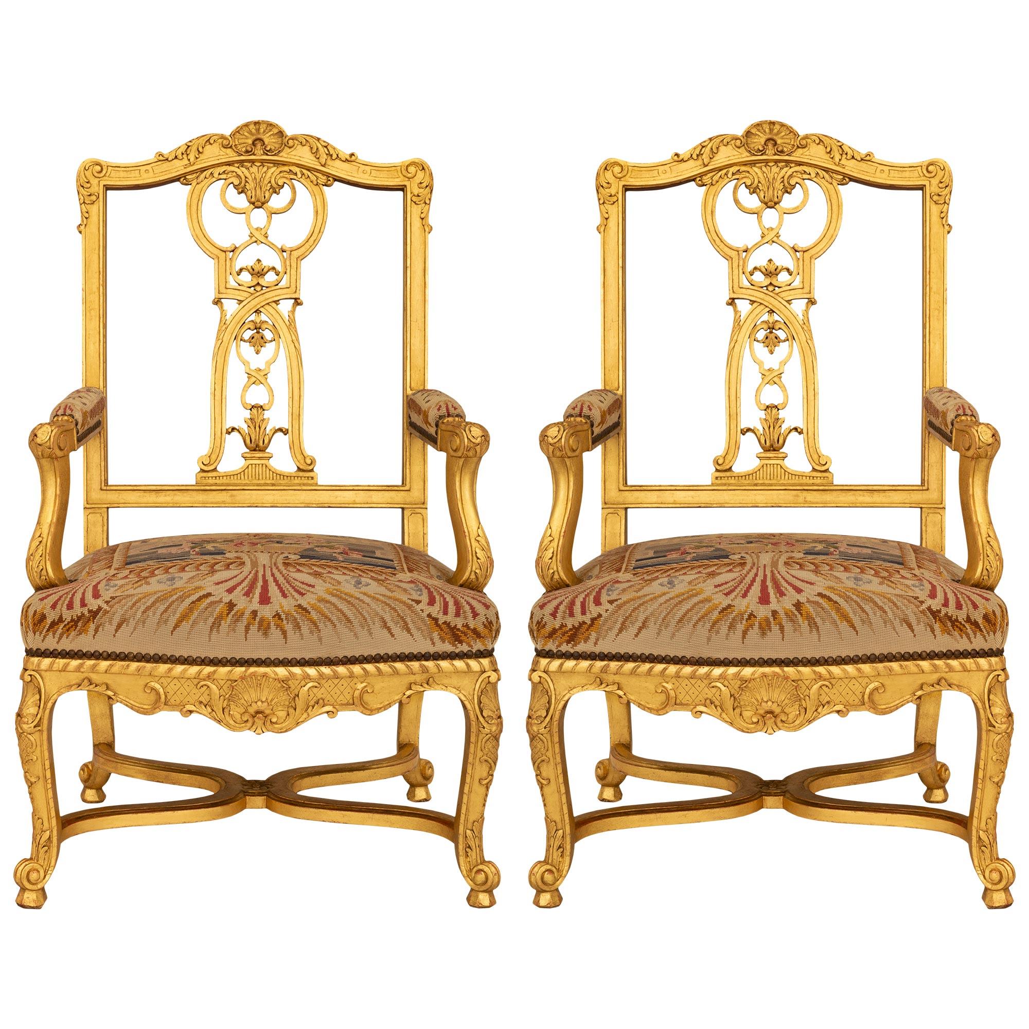 Pair Of French 19th Century Louis XV St. Giltwood Fauteuils Armchairs For Sale 9