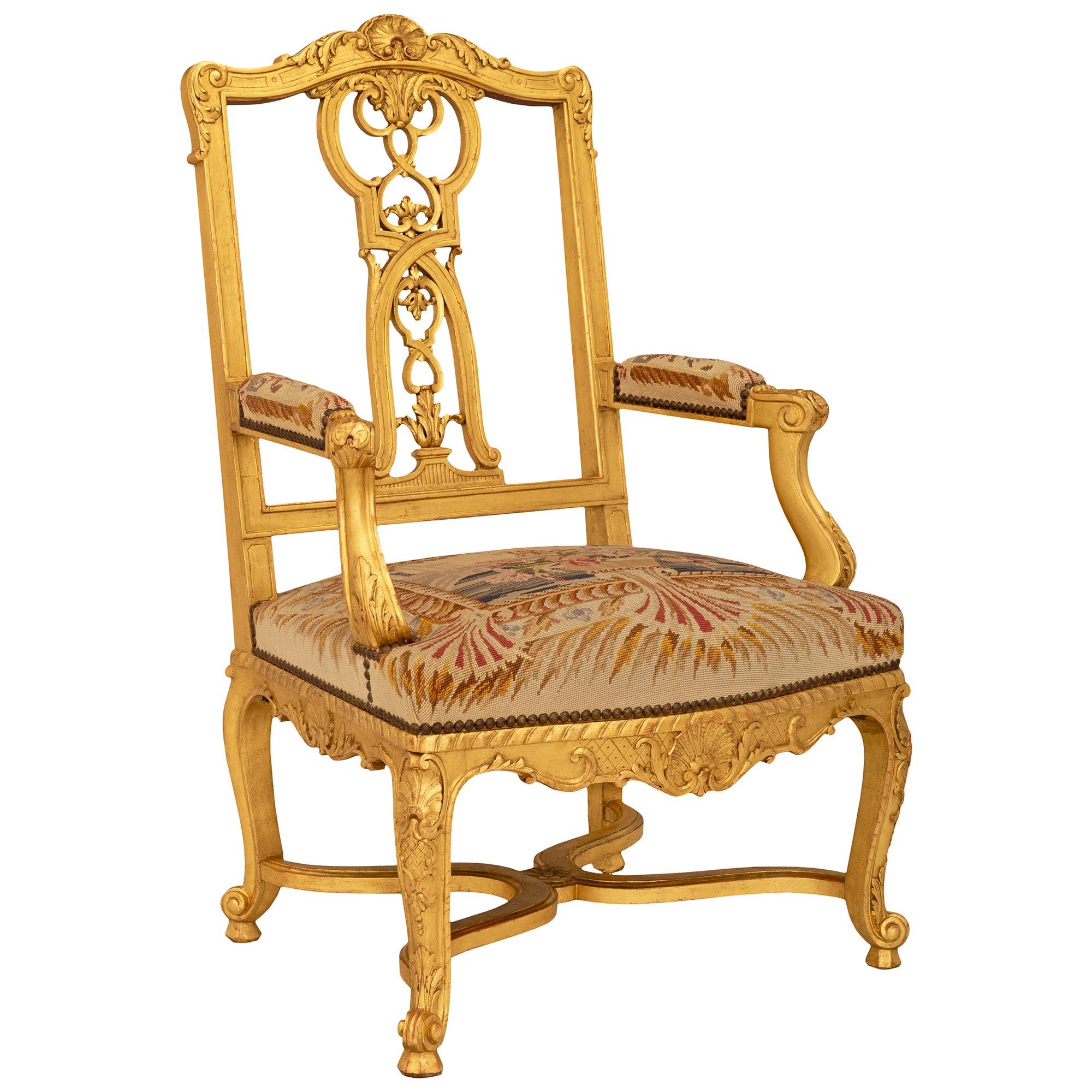 Pair Of French 19th Century Louis XV St. Giltwood Fauteuils Armchairs In Good Condition For Sale In West Palm Beach, FL