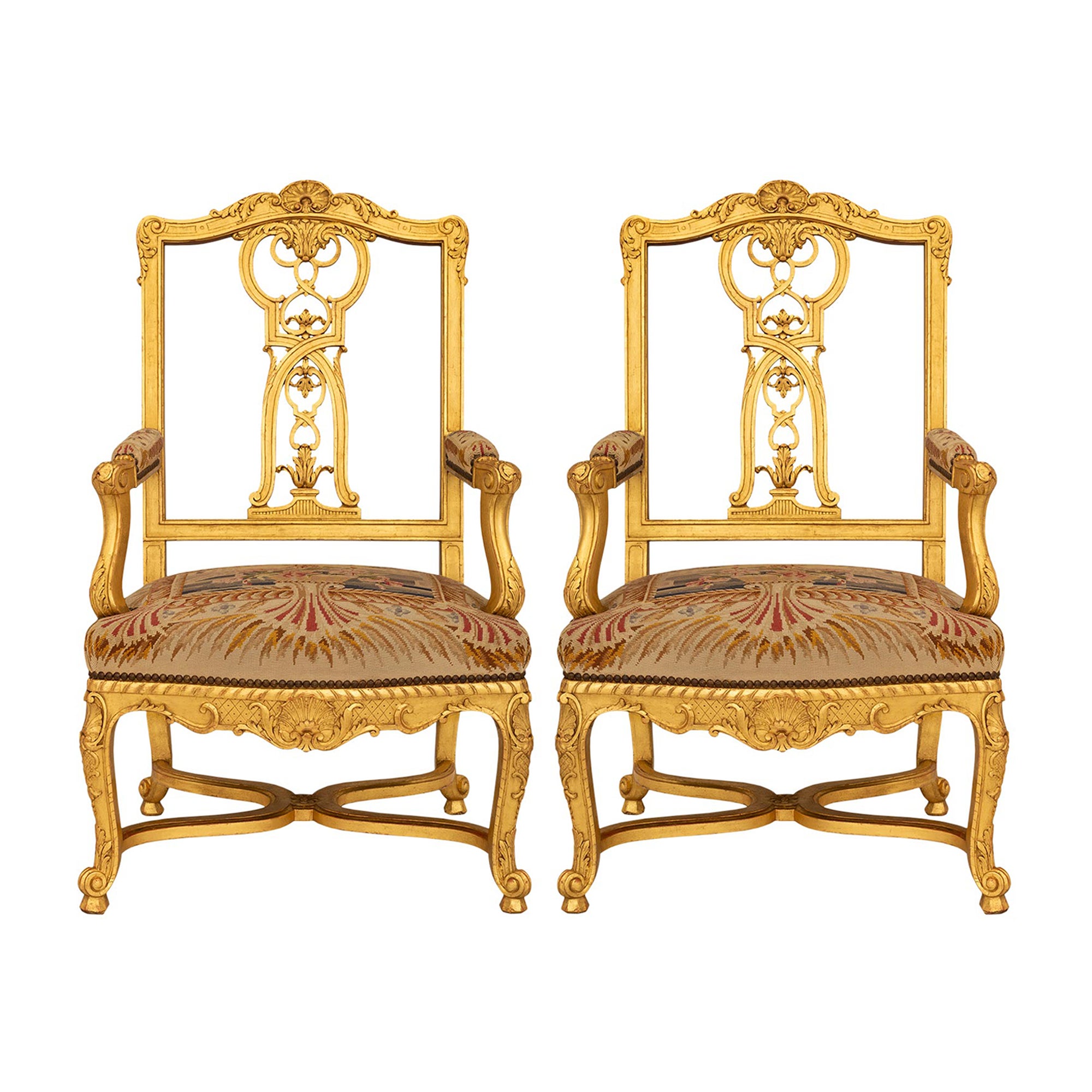 Pareja De Sillones Franceses Del Siglo XIX Louis XV St. Giltwood Fauteuils
