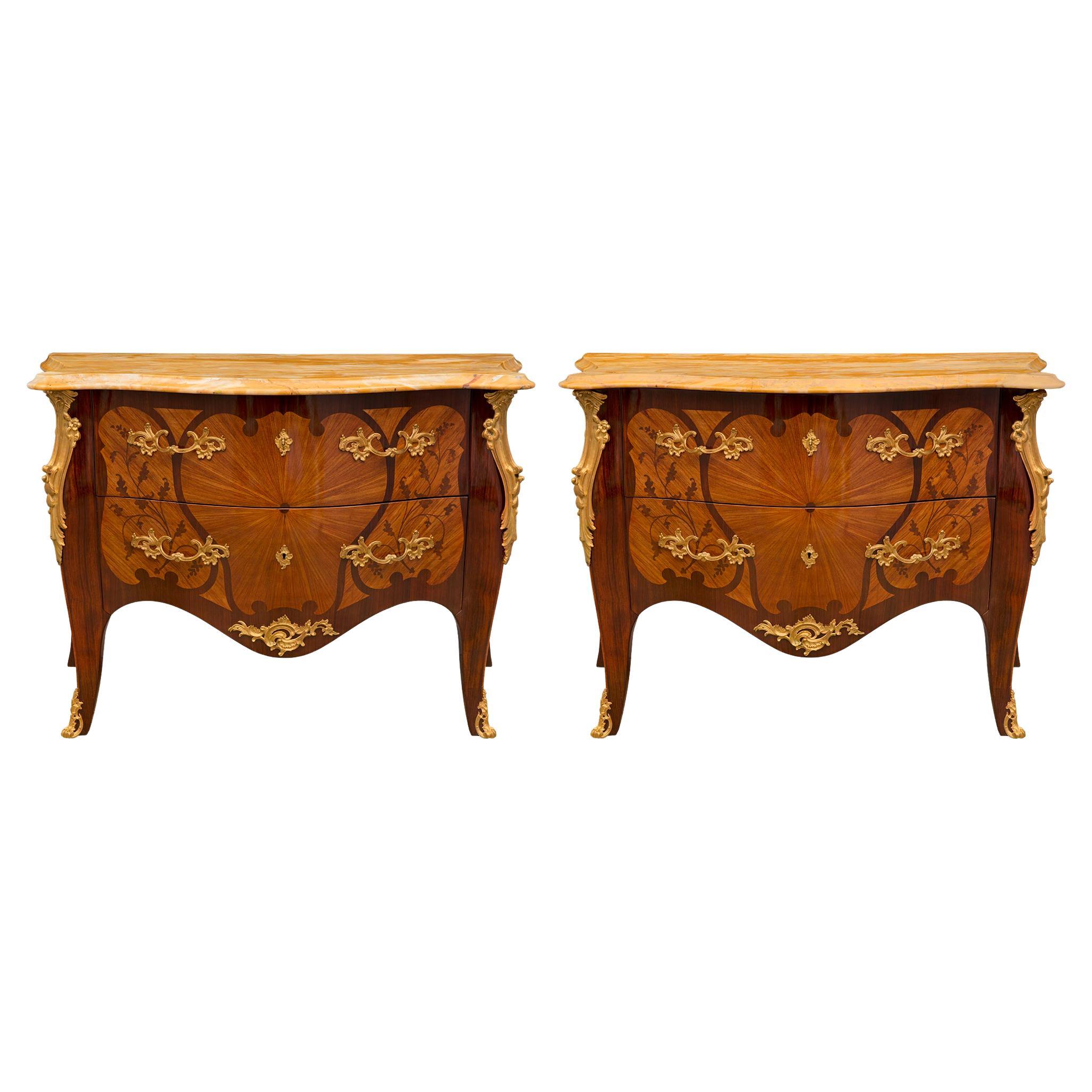 Pair of French 19th Century Louis XV St. Kingwood and Tulipwood Commodes