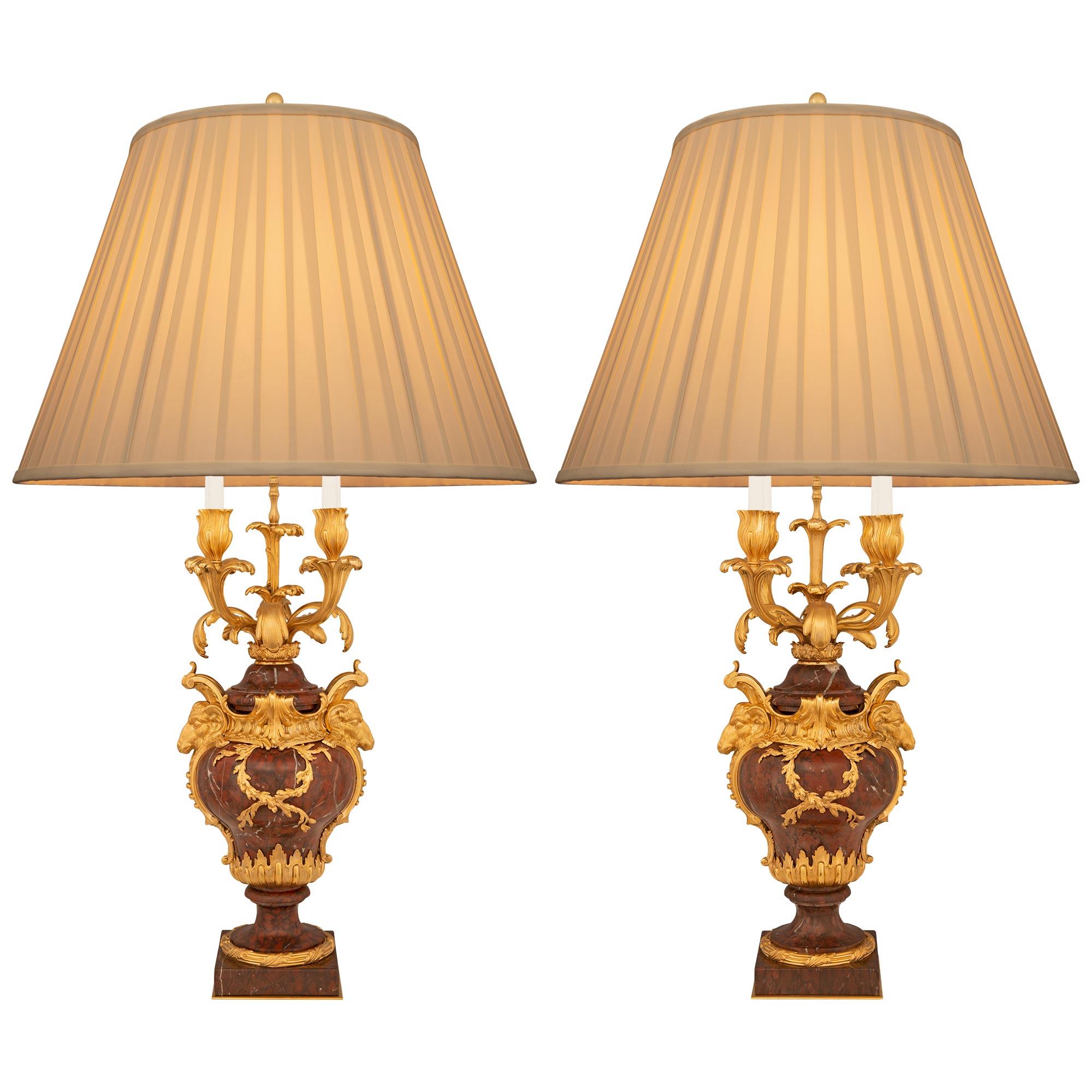 Pair Of French 19th Century Louis XV St. Marble And Ormolu Candelabra Lamps For Sale 6