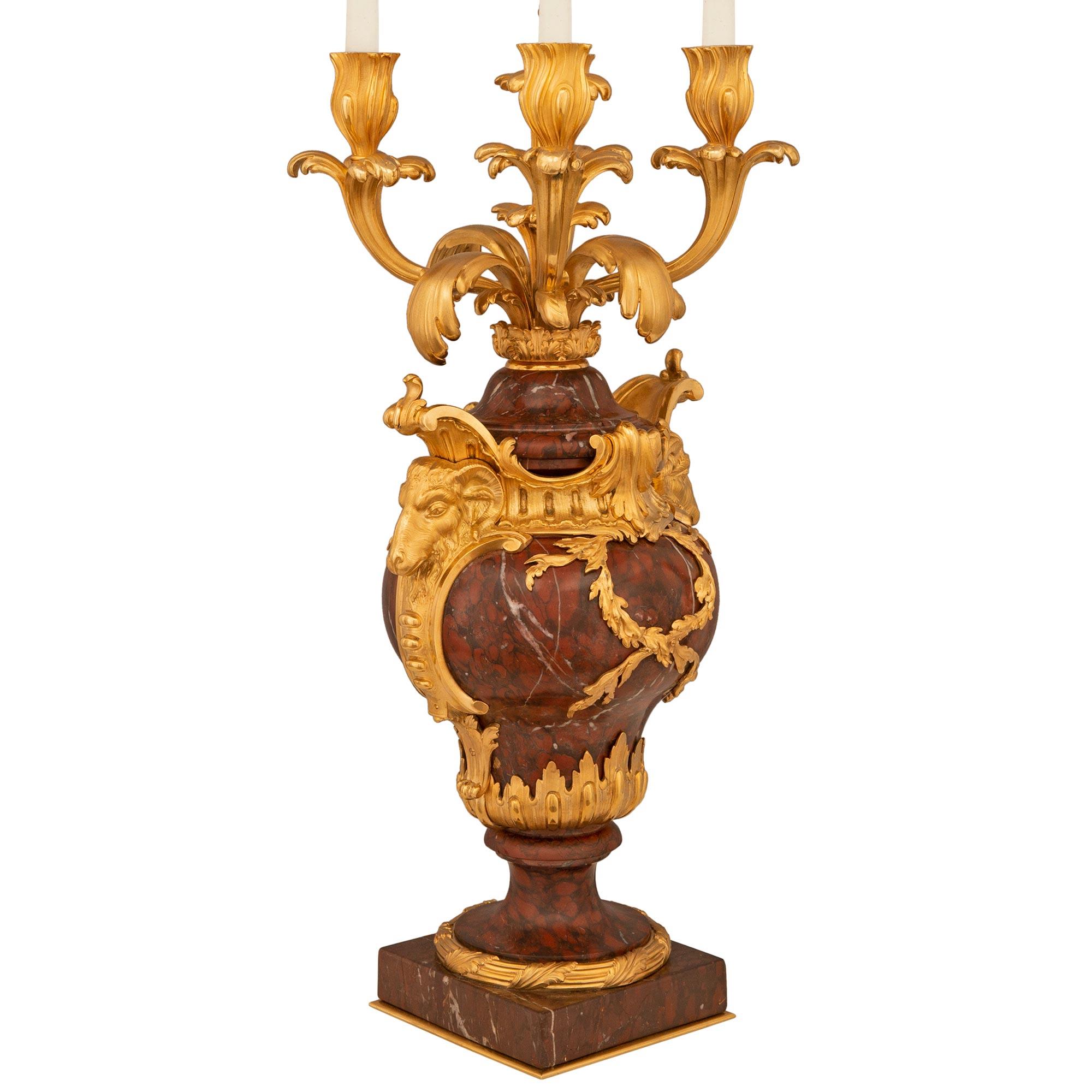 Belle Époque Pair Of French 19th Century Louis XV St. Marble And Ormolu Candelabra Lamps For Sale
