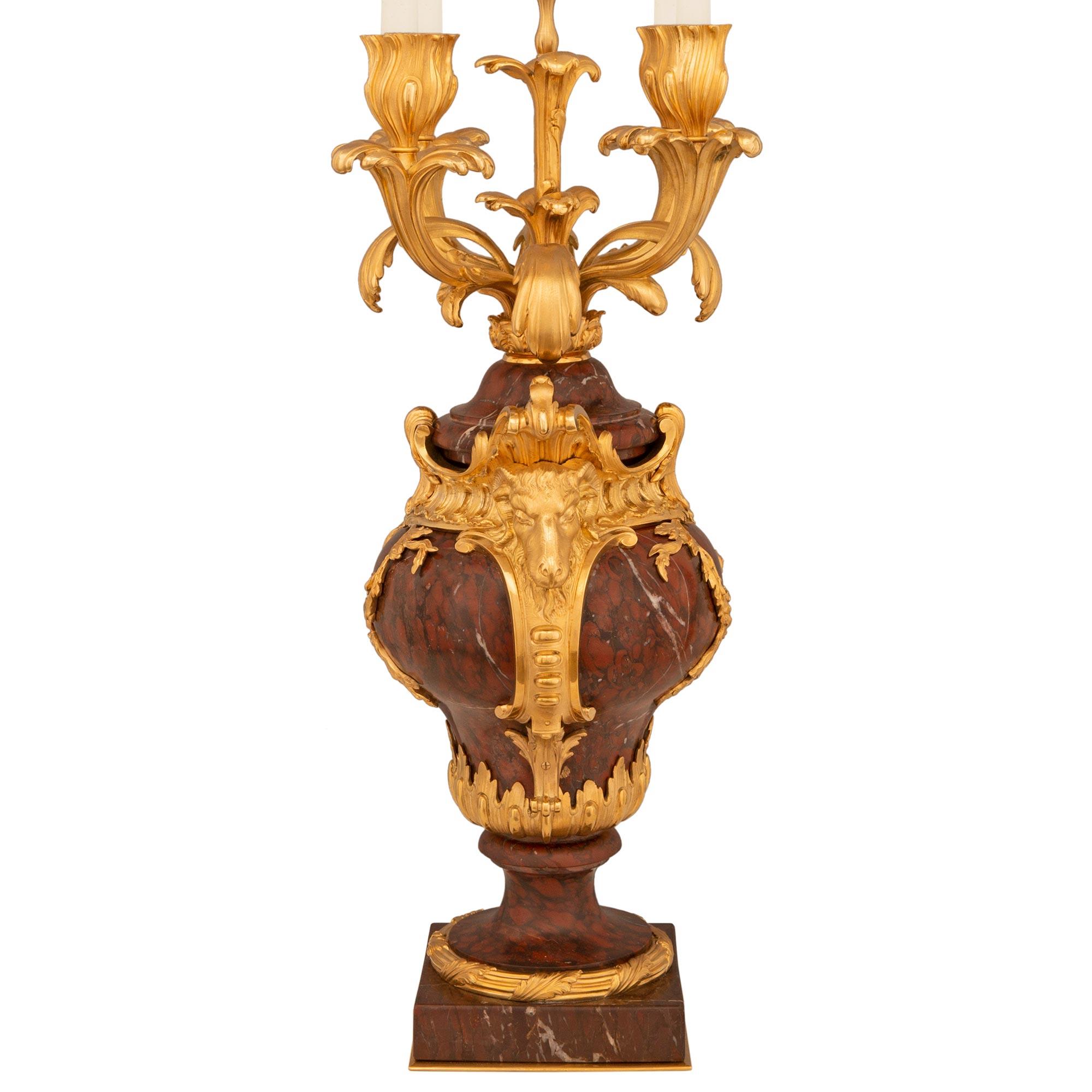 Pair Of French 19th Century Louis XV St. Marble And Ormolu Candelabra Lamps In Good Condition For Sale In West Palm Beach, FL