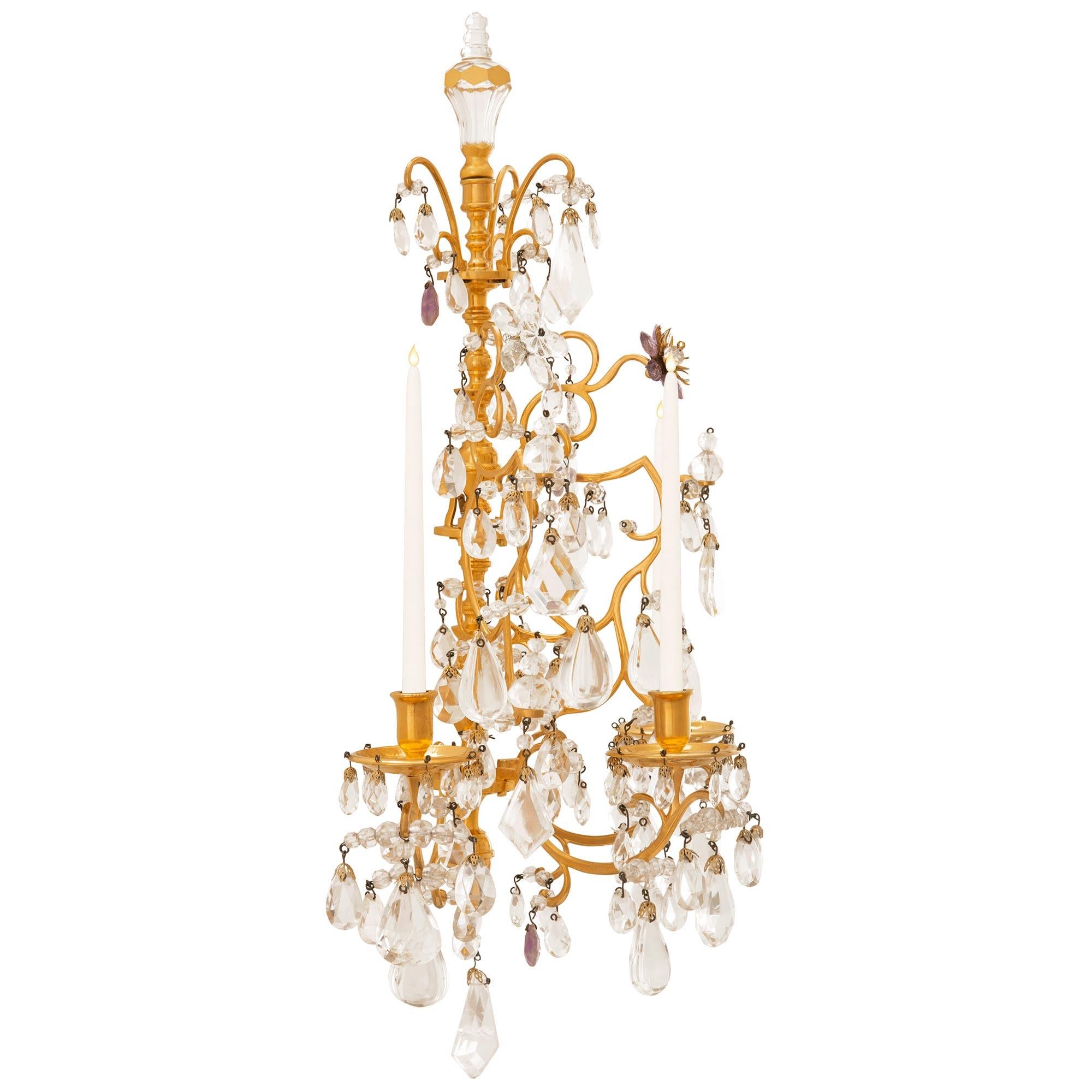 Louis XVI pair of French 19th century Louis XV st. Ormolu, Amethyst, and Crystal sconces For Sale