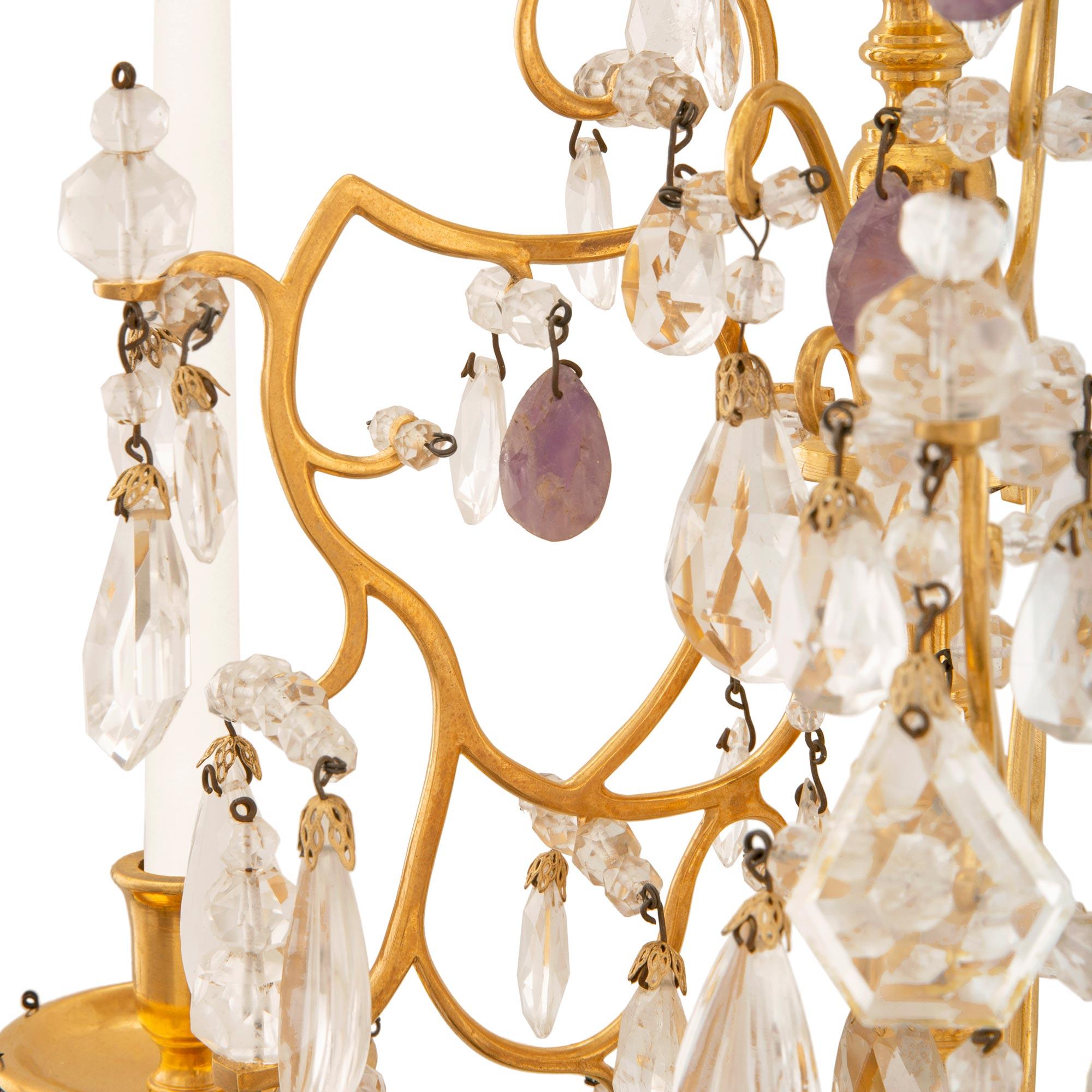 pair of French 19th century Louis XV st. Ormolu, Amethyst, and Crystal sconces For Sale 2