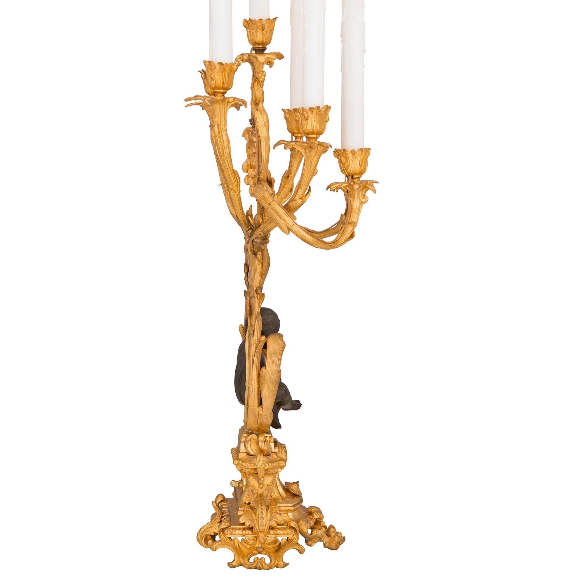 Patinated Pair of French 19th Century Louis XV St. Ormolu and Bronze Candelabra Lamps For Sale