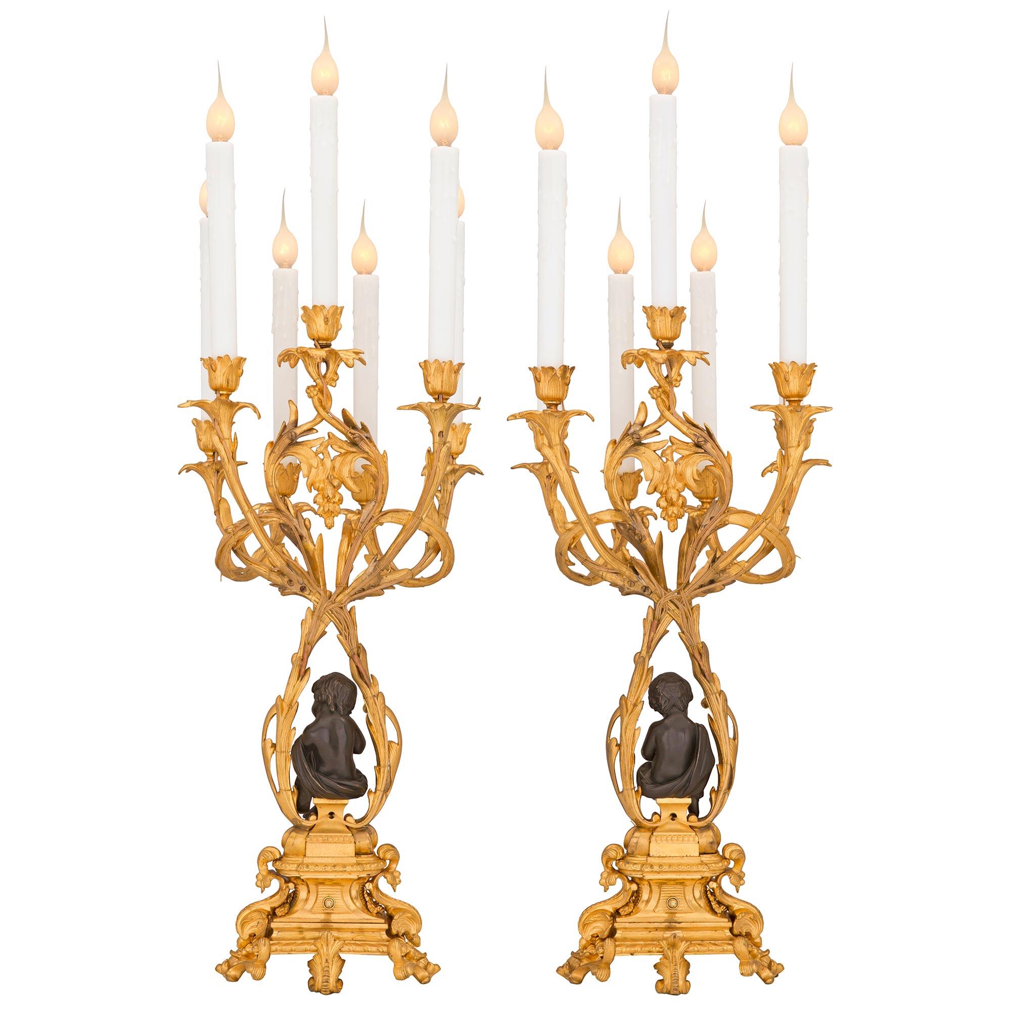 Pair of French 19th Century Louis XV St. Ormolu and Bronze Candelabra Lamps For Sale 5